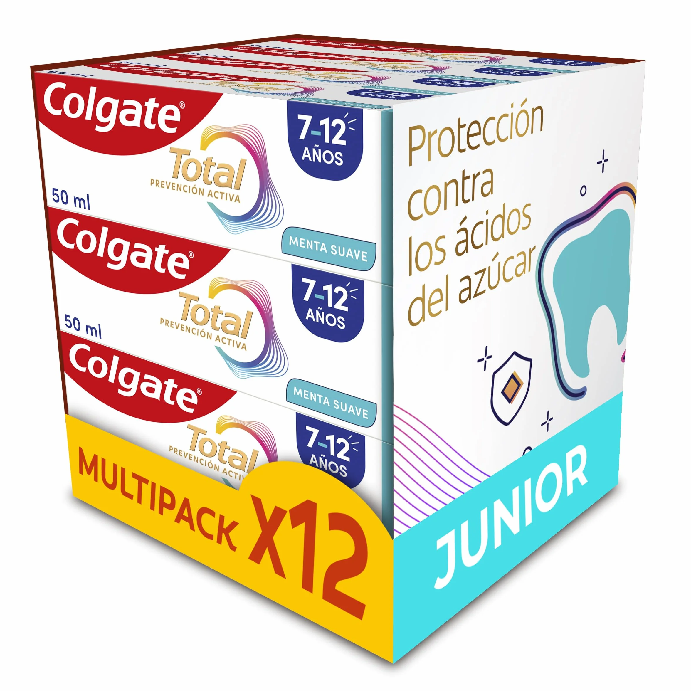 Colgate Total Junior Pasta do zębów dla dzieci, opakowanie 12 sztuk x 50 ml, pełna ochrona, pasta do zębów zawierająca fluor, ochrona przed próchnicą, składniki przeciwbakteryjne, produkt do