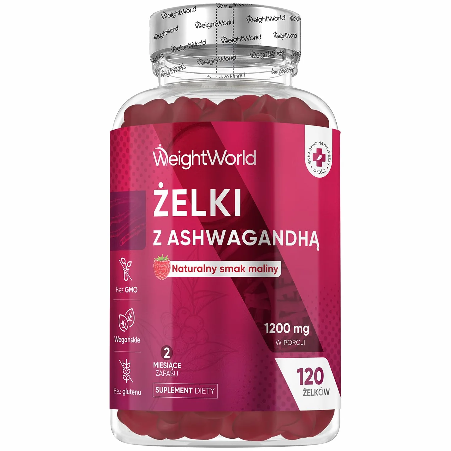 Ashwagandha Żelki 1200 mg – 120 wegańskich żelek o smaku malinowym – pyszne i wygodne – Ajurwedyjski suplement z Withania Somnifera, bez glutenu, bez laktozy, bez GMO, zapas na 2 miesiące