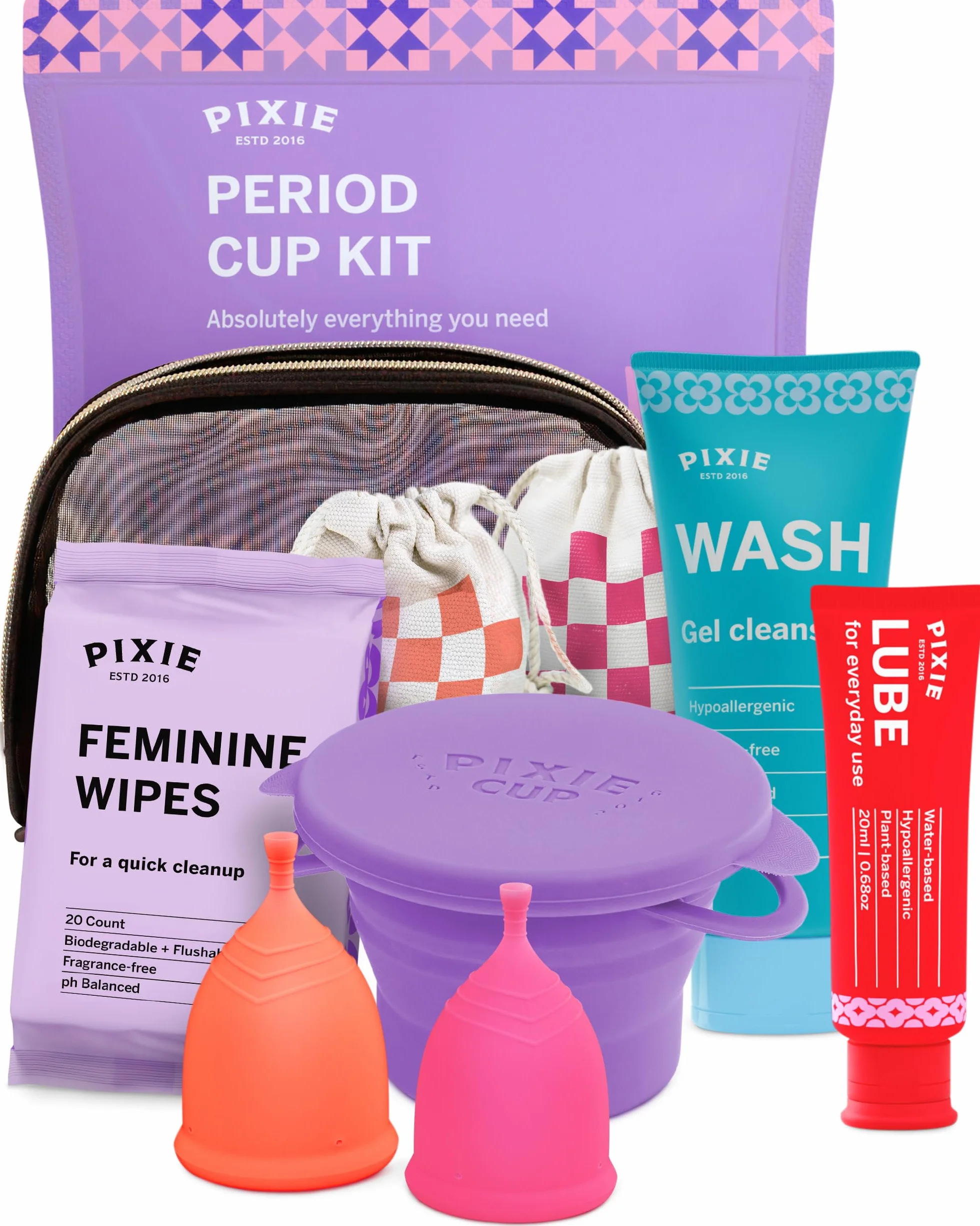 Pixie Cup Zestaw menstruacyjny – najlepszy zestaw startowy do kubków okresowych – 2 kubki, pranie, 20 chusteczek, lubrykant, publiczna toaleta i torba do przechowywania – sprawdzony jako to, czego