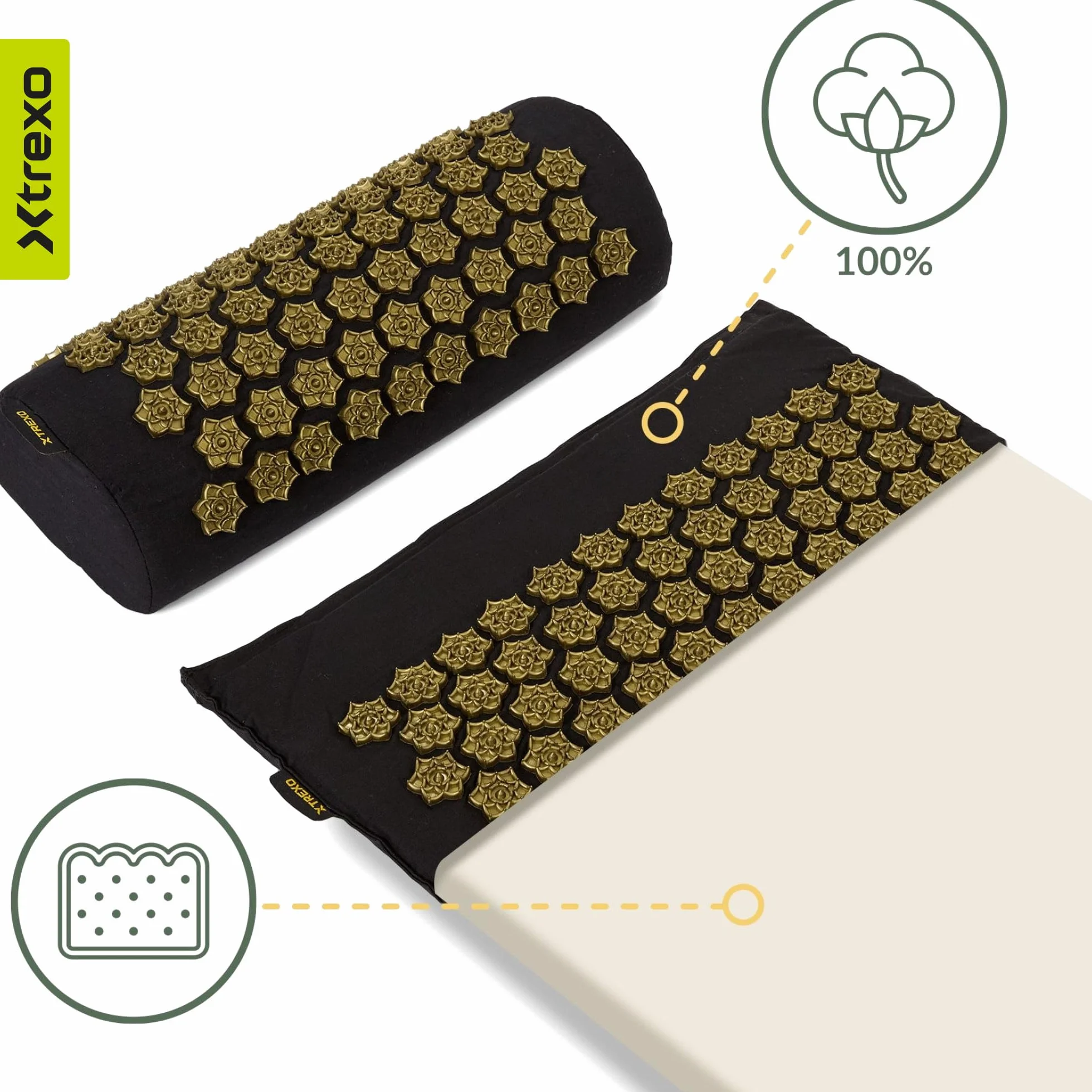 XTREXO Mata do akupresury z poduszką 38 x 15 x 10 cm, czarna, wymiary maty 68 x 44 x 2 cm, z bawełny i gąbki 18D, kolce HIPS redukują napięcia, wspomaga sen