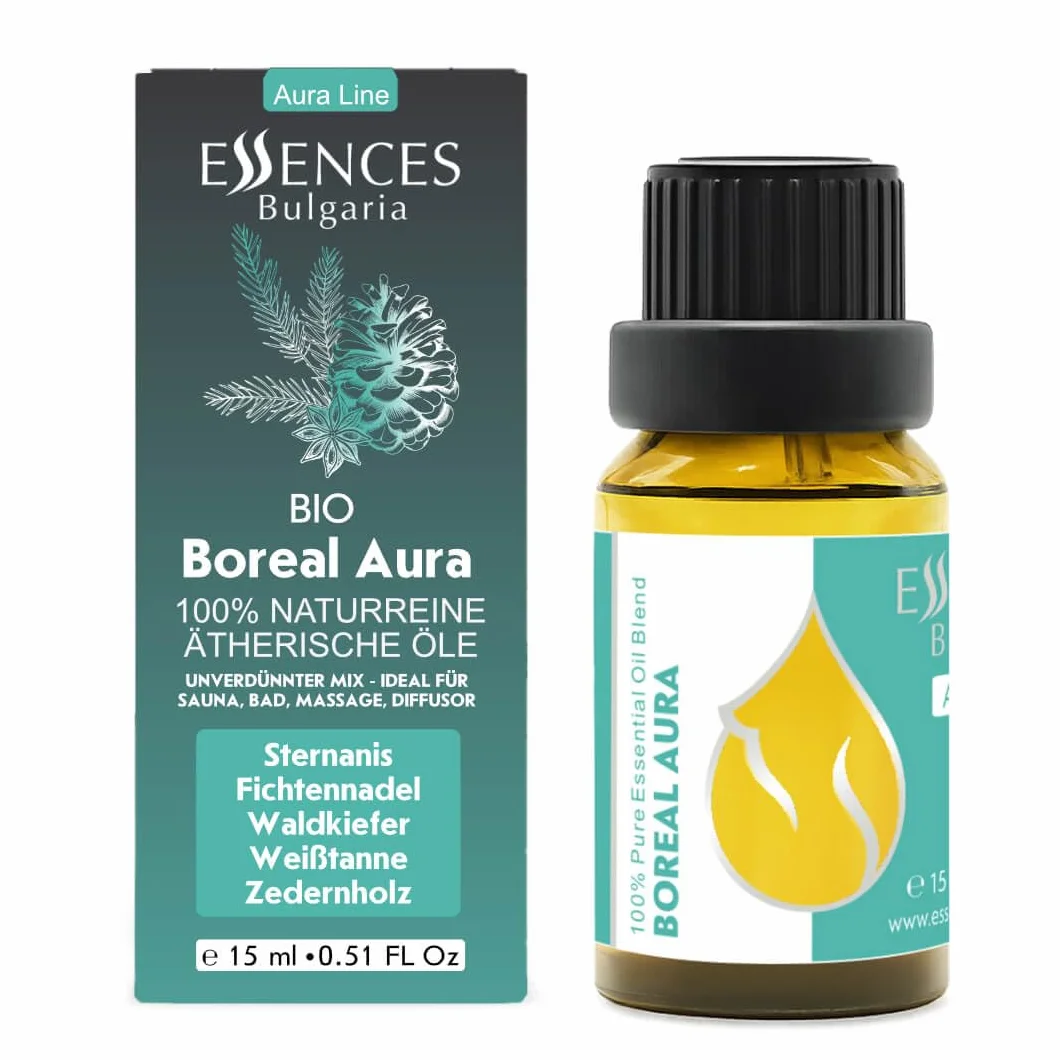 Mieszanka olejków eterycznych Essences Bulgaria Boreal Aura 15 ml | Jodła, sosna, świerk, anyż gwiaździsty, cedr | Aromaterapia, sauna i SPA | 100% czysty, nierozcieńczony