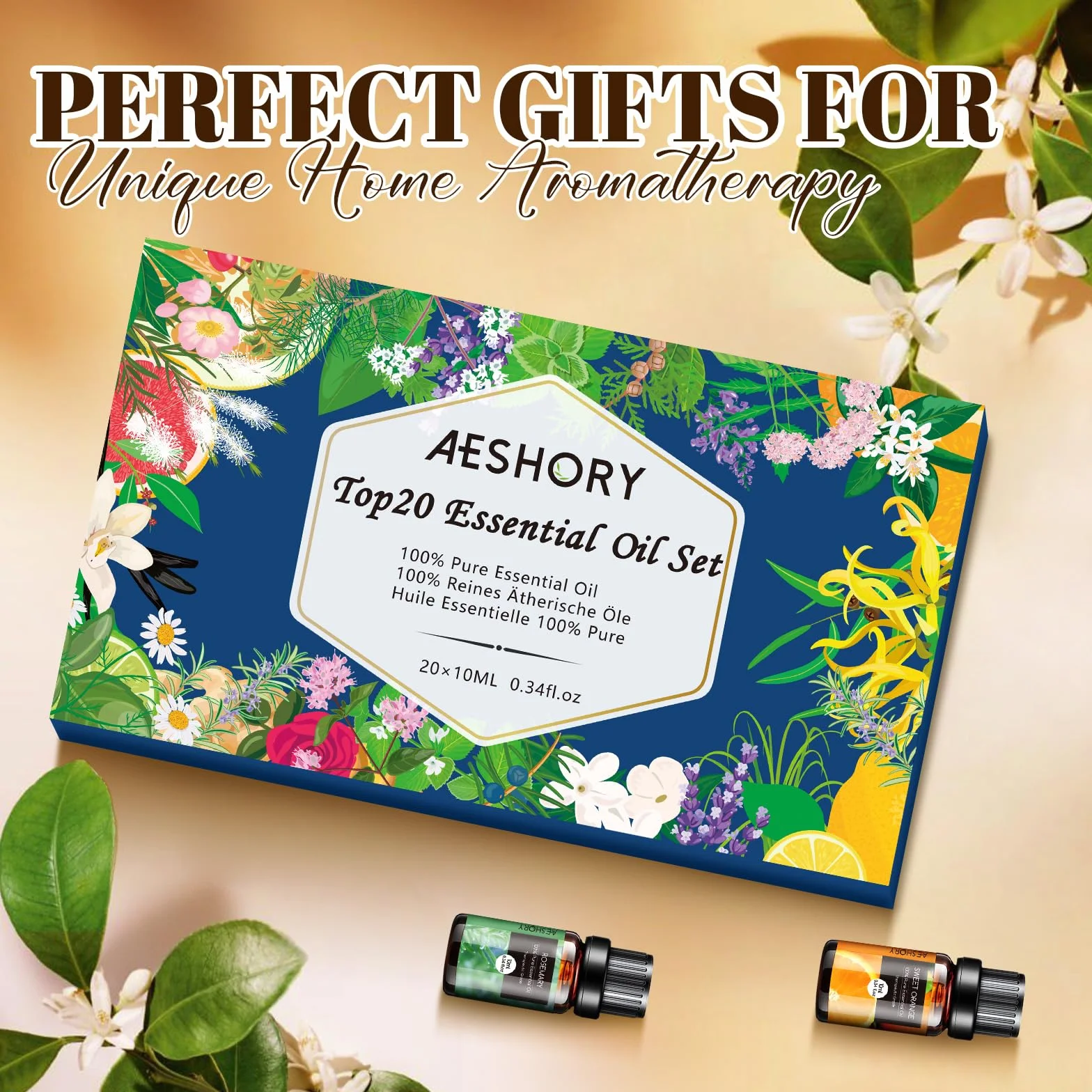 Aeshory Olejki Eteryczne Do Dyfuzorów 20 x 10 ml, 100% Naturalny Zestaw Olejków Zapachowych Do Aromaterapii Zestaw Upominkowy Z Olejkami Aromatycznymi Do Mydeł, Świec, Nawilżaczy, Spa, Masażu