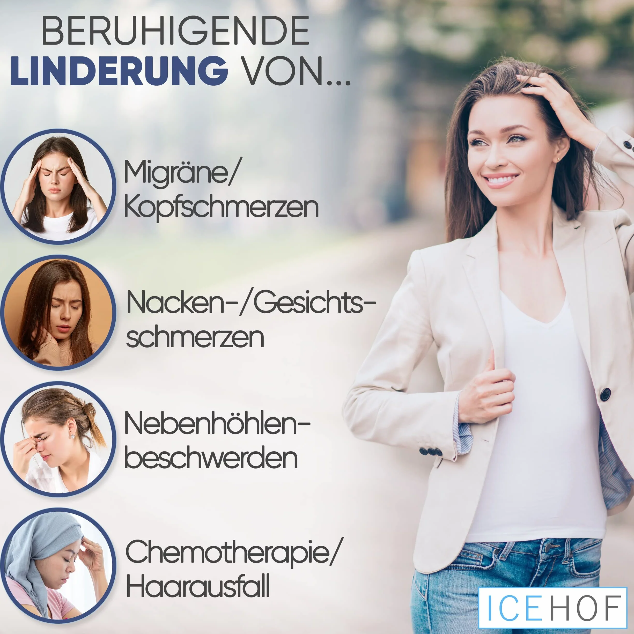 ICEHOF Czapka chłodząca Extra z 4 wkładami chłodzącymi, Maska 3D, chłodząca czapka żelowa do skóry głowy podczas chemioterapii, na migrenę i bóle głowy