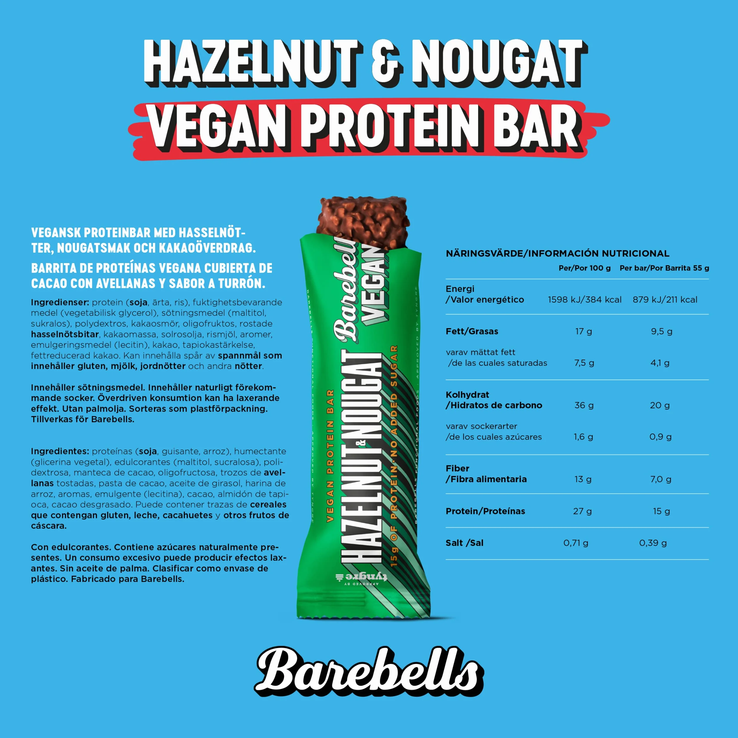Barebells wegański baton proteinowy, pyszne batoniki białkowe z czekoladą, niska zawartość cukru, 15 g białka, bez oleju palmowego, wegański nugat z orzechami laskowymi, 12 x 55 g