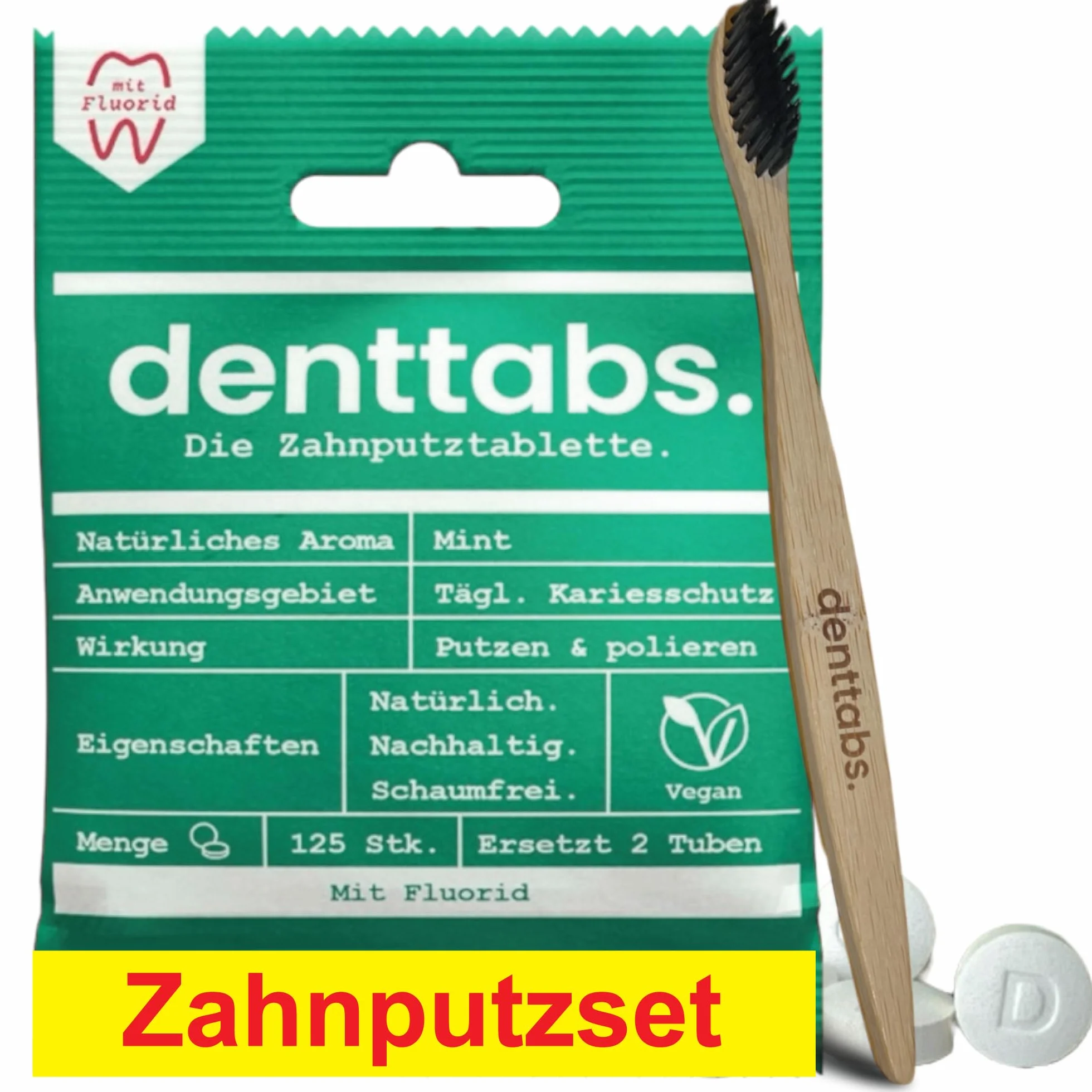 Denttabs tabletki do czyszczenia zębów miętowe z fluorkiem 125 szt. + bambusowa szczoteczka ultramiękka