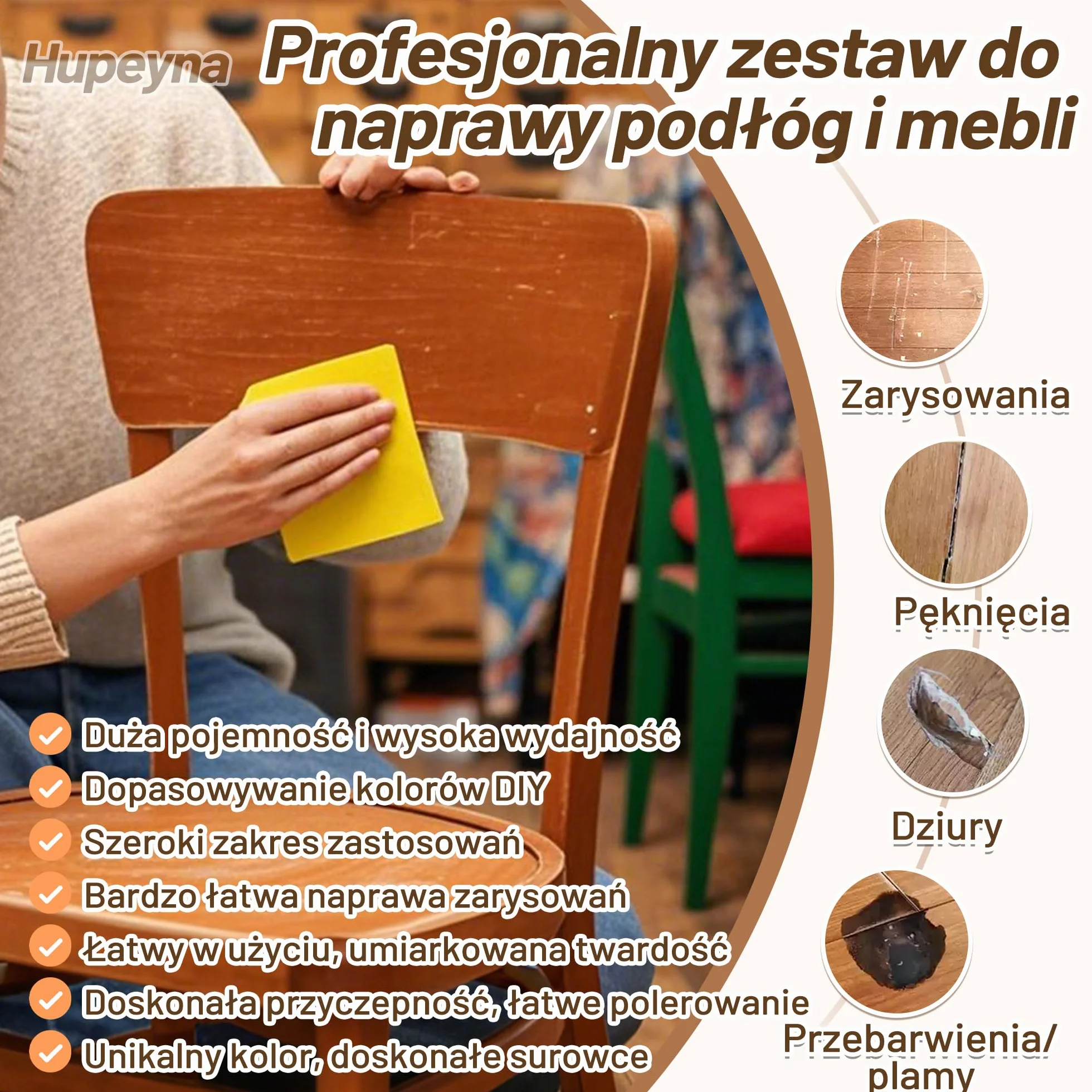 Zestaw do naprawy drewna, wypełniacz do mebli, szpachlówka do drewna i wosk pszczeli - naprawa plam, zadrapań, pęknięć, dziur, przebarwień w drewnianych szafkach, podłogach z twardego drewna