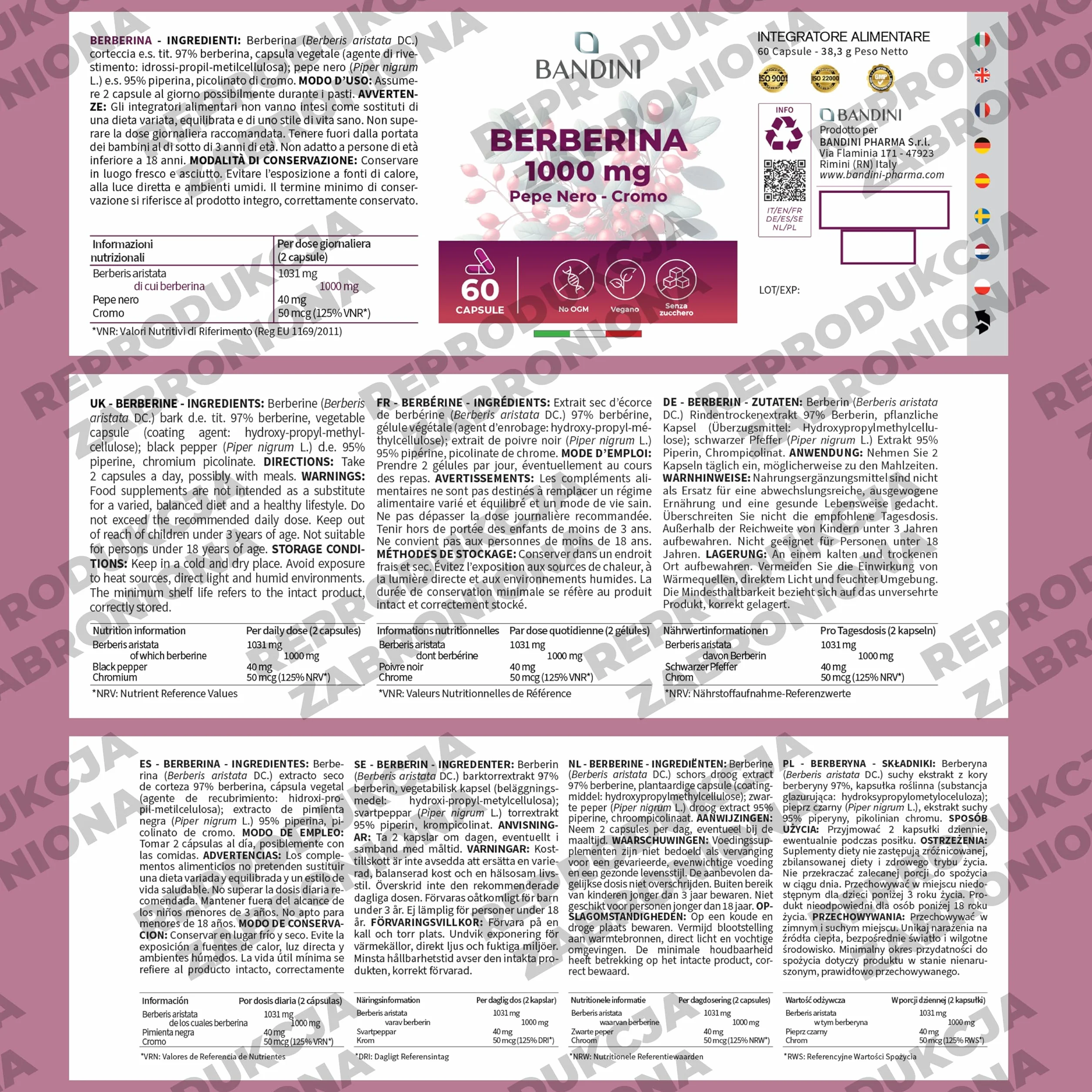 Bandini Berberine 1000mg 60 kapsułek Czysta Berberyna HCl Chrom Czarny Pieprz