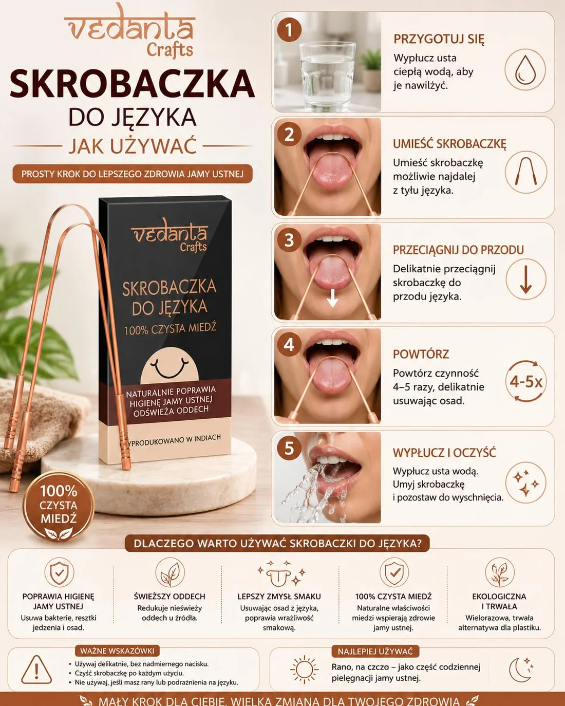 Vedana Crafts miedziany skrobak do języka z czystej miedzi zestaw 2 sztuki – ajurwedyjskie narzędzie do higieny jamy ustnej dla świeżego oddechu i lepszej higieny
