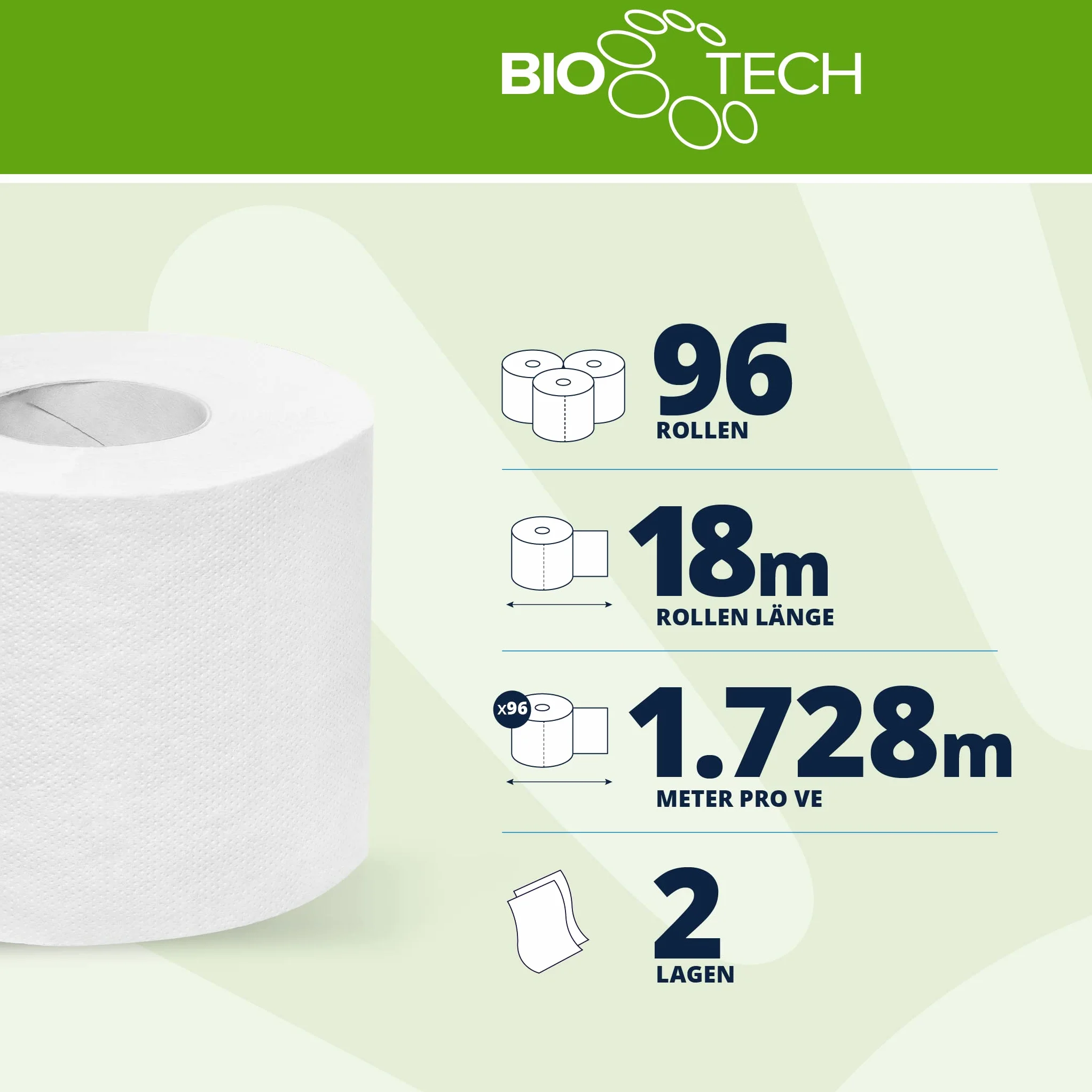 Papernet Bio Tech 407569 2-warstwowy papier toaletowy, 8 opakowań z 12 pojedynczo zapakowanymi rolkami, każda po 165 arkuszy, 11 x 9,5 cm, długość rolki 18,1 m, średnica 10 cm, papier toaletowy,