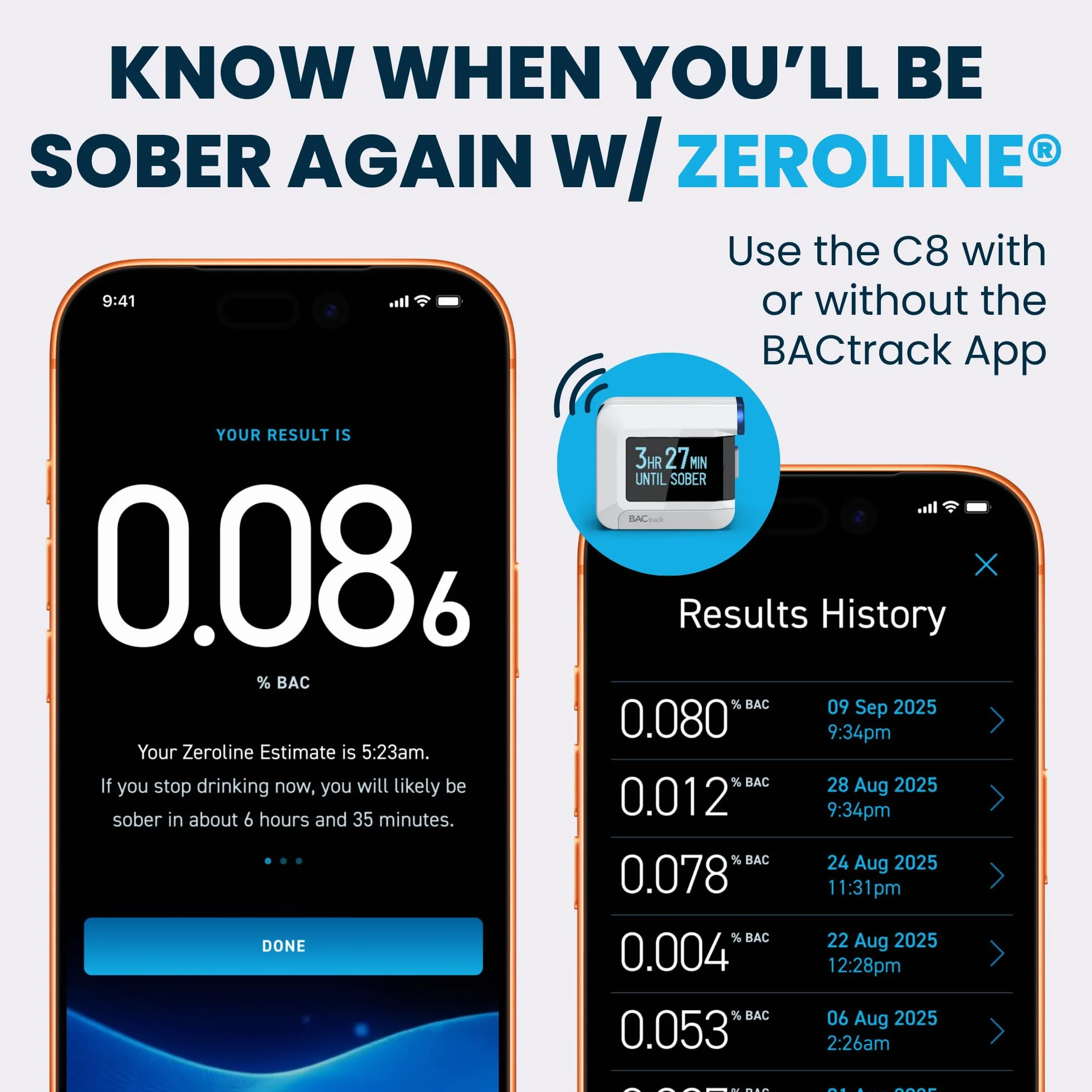 BACtrack Ethylotest Alcootest C8, Profesjonalna dokładność jakości, opcjonalna bezprzewodowa łączność Bluetooth dla smartfonów Apple iPhone, Google i Samsung, Android