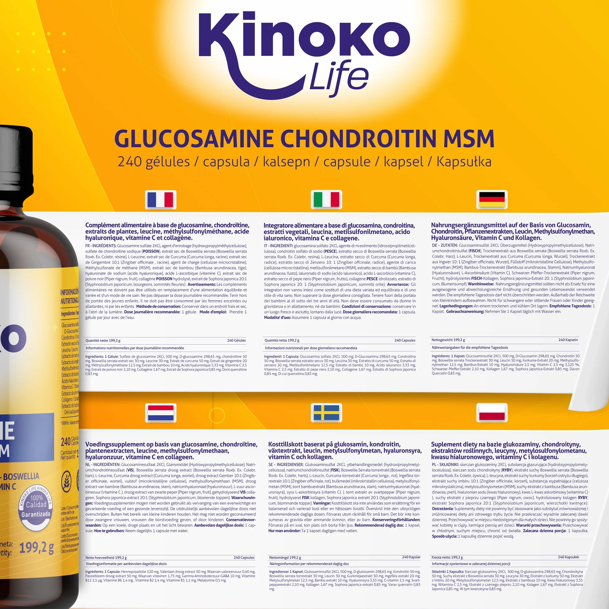 Glukozamina i Chondroityna - 240 kapsułek z MSM, kolagenem morskim, kwasem hialuronowym, kurkumą, czarnym pieprzem, imbirem, boswellią i kwercetyną. Na stawy, chrząstki i kości