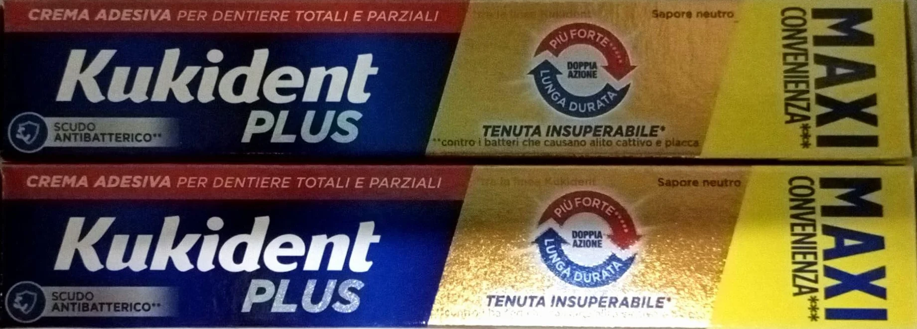 Kukident Plus Doppia Azione MAXI Crema Adesiva Dentiere Totali Parziali, 2 x 65 g