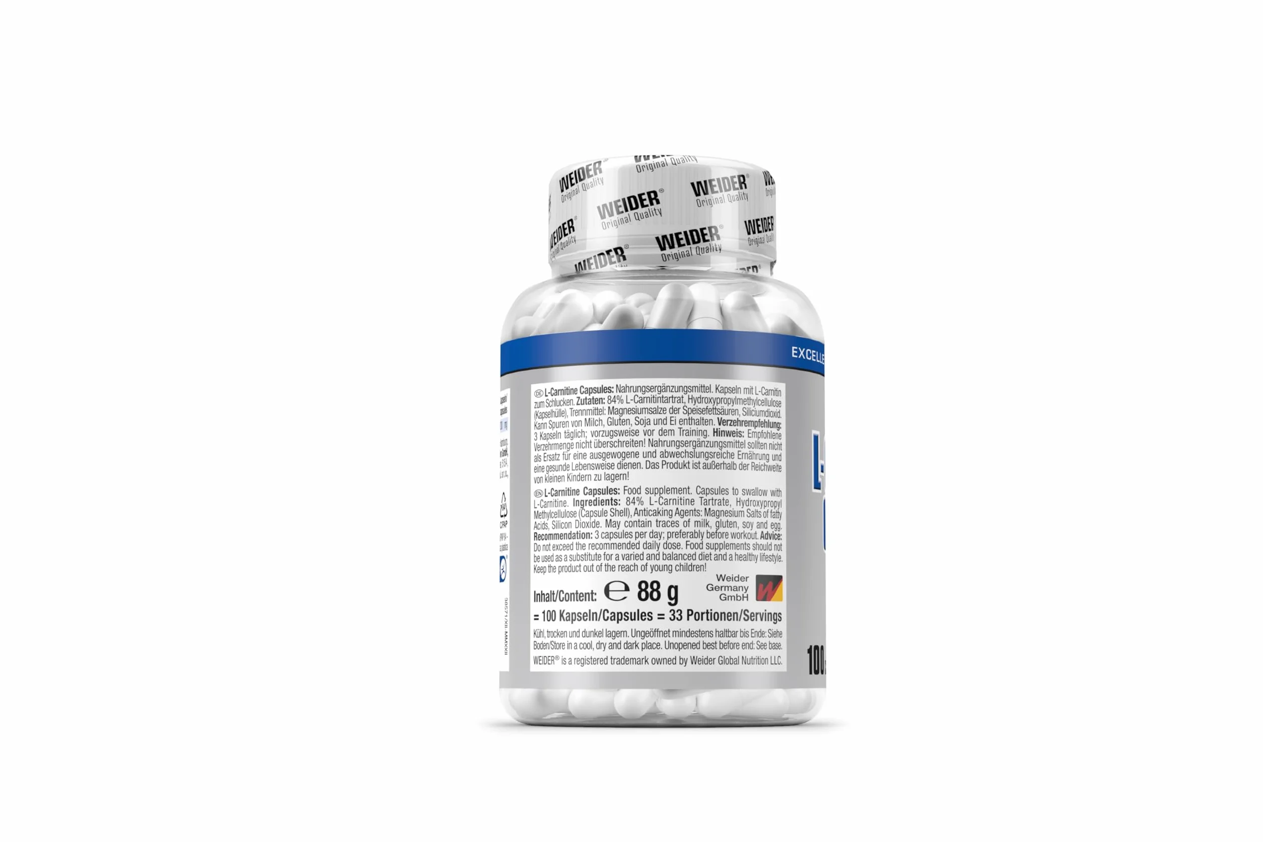 Weider L-Carnitine Caps. L-Karnityna ze 100% Carnipure®. Testowane w laboratorium. Wegańskie. 100 kapsułek