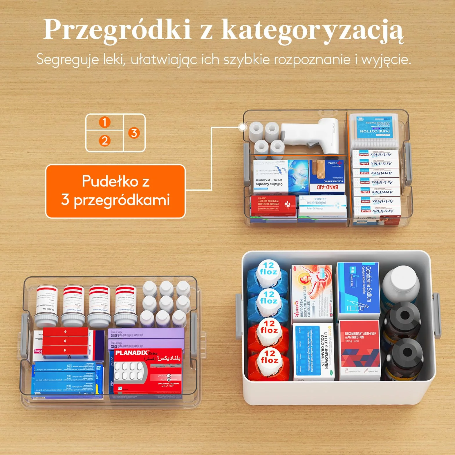 Lifewit Przenośna Apteczka, Pojemnik na Leki z Uchwytem na Butelki o Wysokości do 18 cm, Organizer na Leki do Domu, Biura, Szkoły, 3 Poziomy