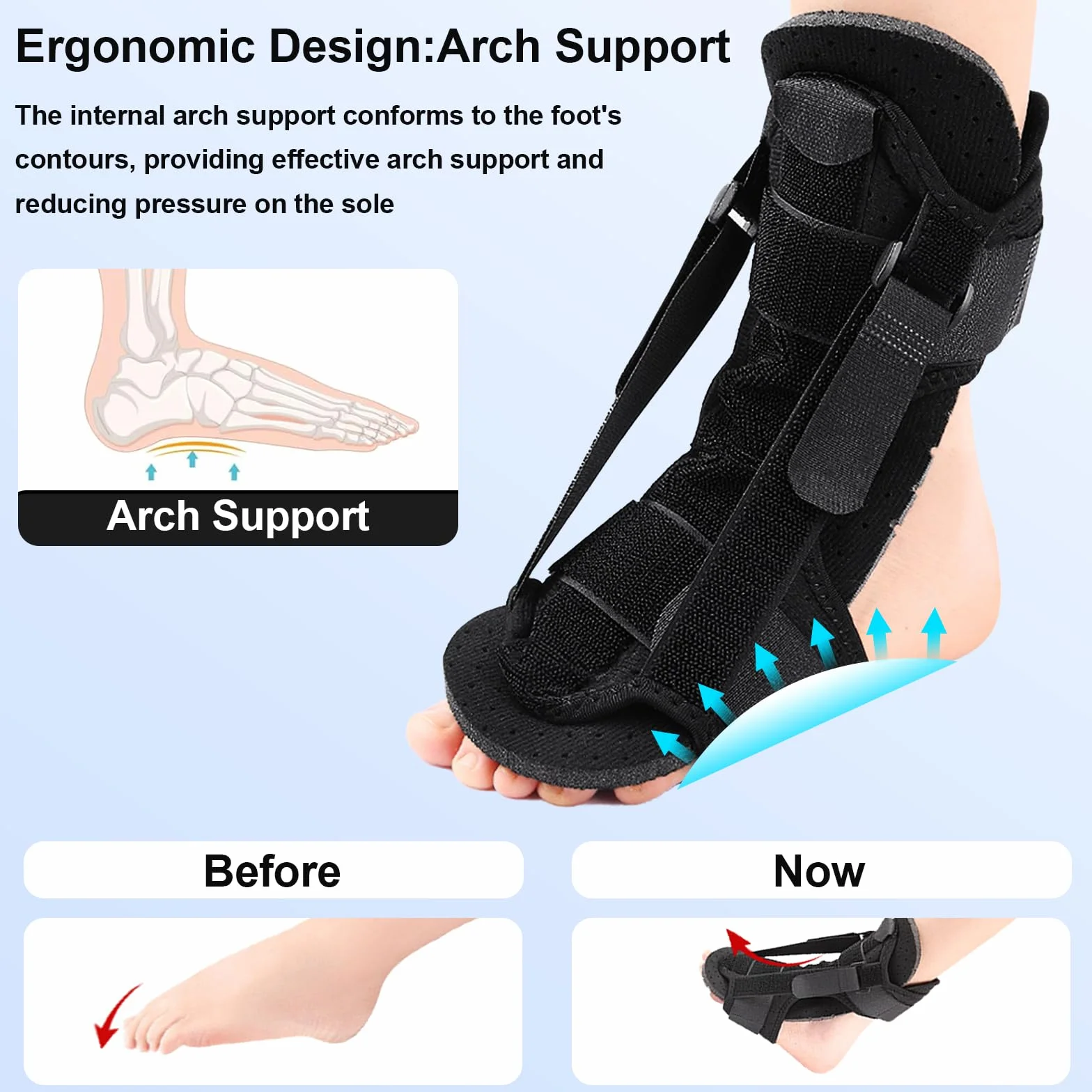Szyna nocna na zapalenie powięzi podeszwowej i ostrogę piętową z regulowanymi paskami, orteza stopy