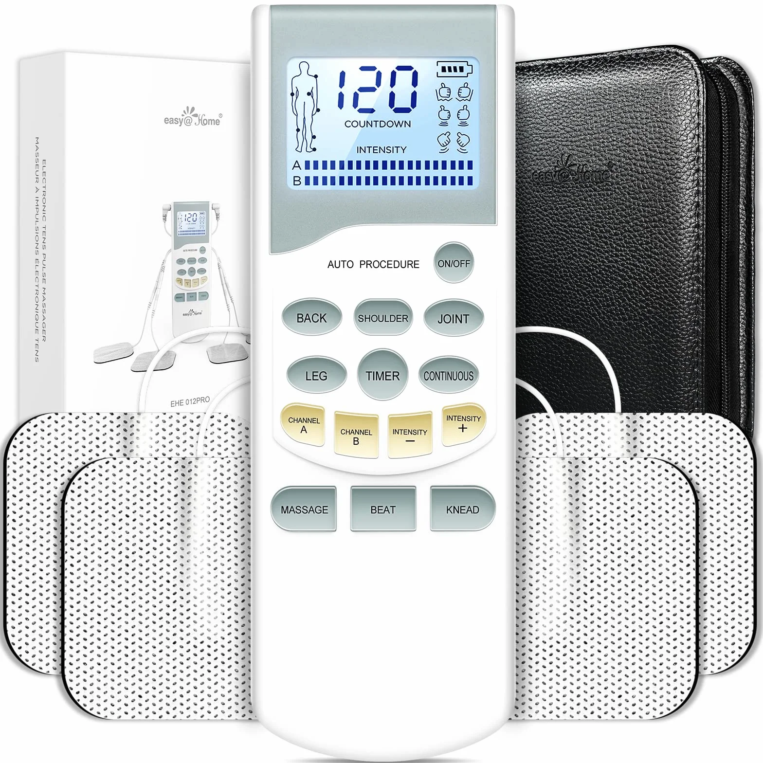 Easy@Home TENS Urządzenie do masażu przeciwbólowego, elektrostymulator EMS - podświetlany ekran LCD Potężny profesjonalny puls i akumulator