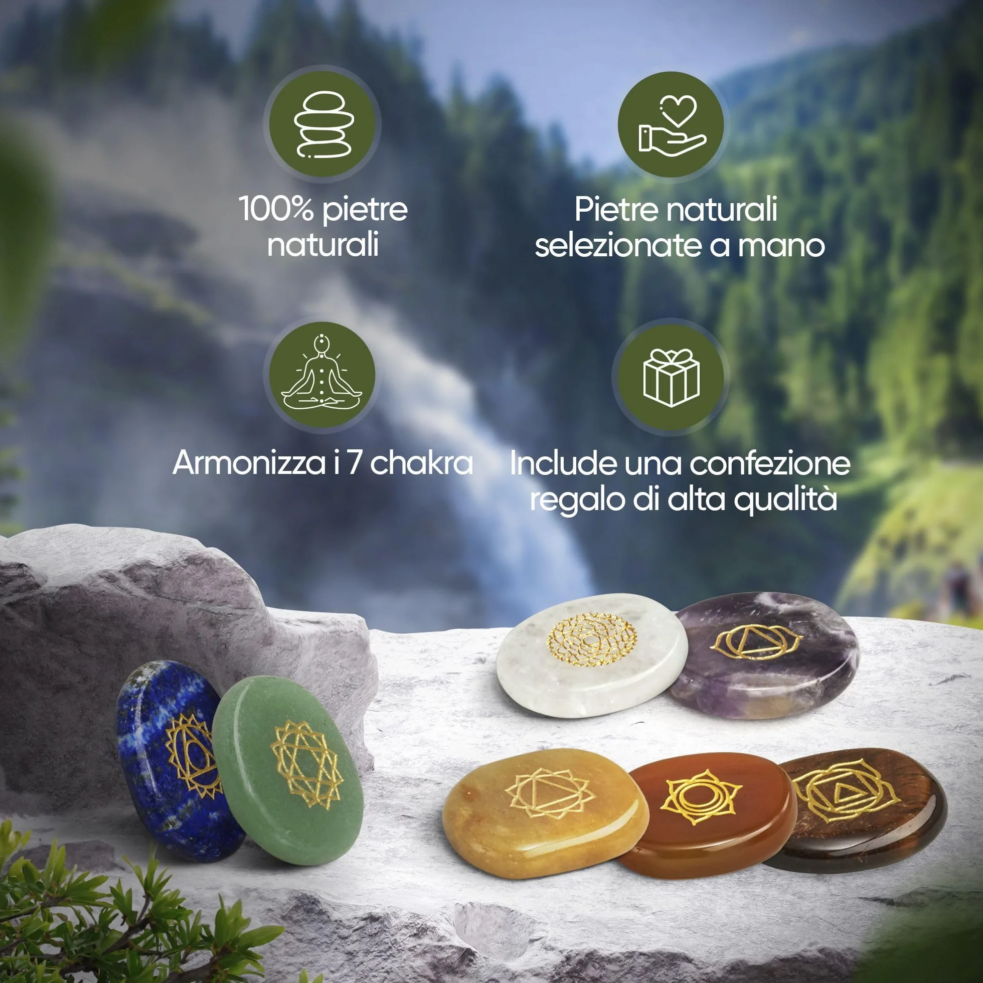 Zestaw czakr premium 7 kamieni szlachetnych z wygrawerowanymi symbolami do medytacji