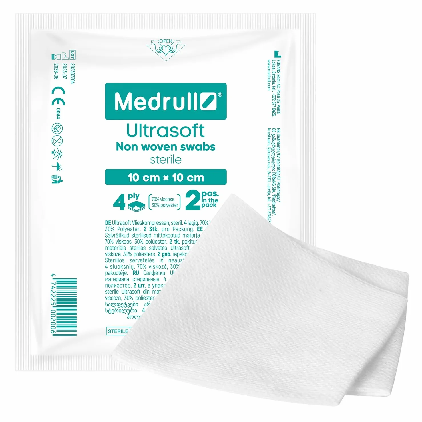 Medrull Kompresy nietkane STERIL ULTRASOFT nakładki na rany, 4-warstwowe, 10 x 10 cm, zapakowane 2 sztuki - 20 torebek papierowych (40 sztuk)