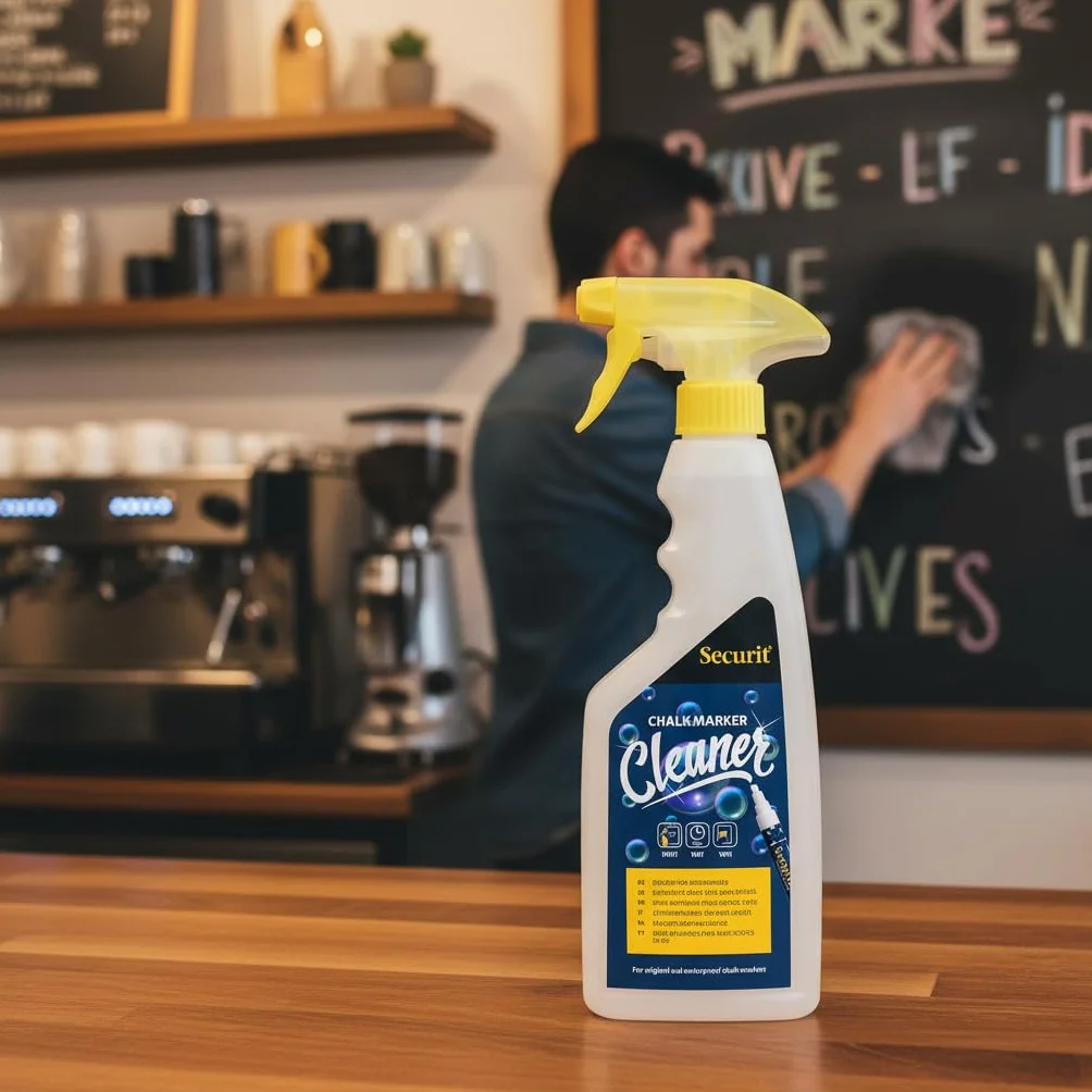 Securit Płynny spray do czyszczenia długopisów kredowych 500 ml – usuwanie resztek płynnej kredy z tablic i tablic, spray do czyszczenia markerów malarskich, przybory szkolne – środek do czyszczenia szkła
