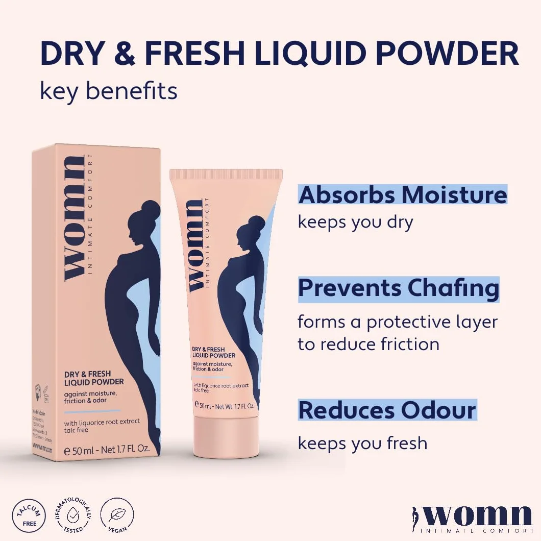 womn Intimate Comfort Dry & Fresh Liquid Powder – płynny puder do ciała, bez talku, przeciw wilgoci, otarciom i nieprzyjemnym zapachom, 50 ml