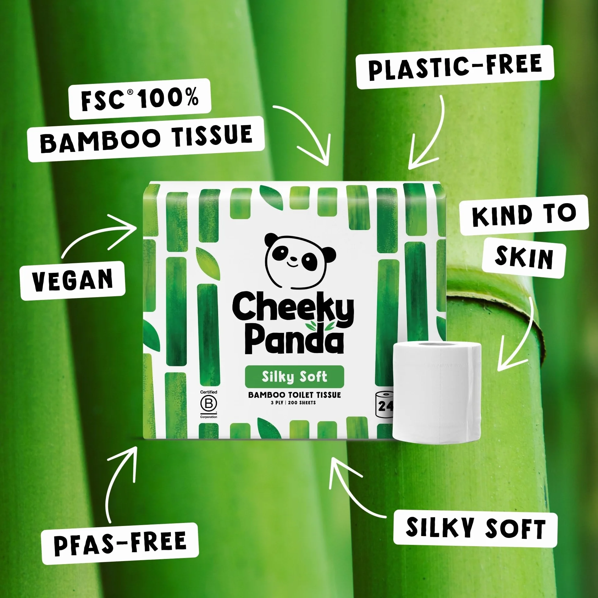 Cheeky Panda Bambusowe rolki toaletowe – 24 rolki 3-warstwowego papieru toaletowego | opakowanie bez plastiku | zrównoważony papier bibułowy | biały
