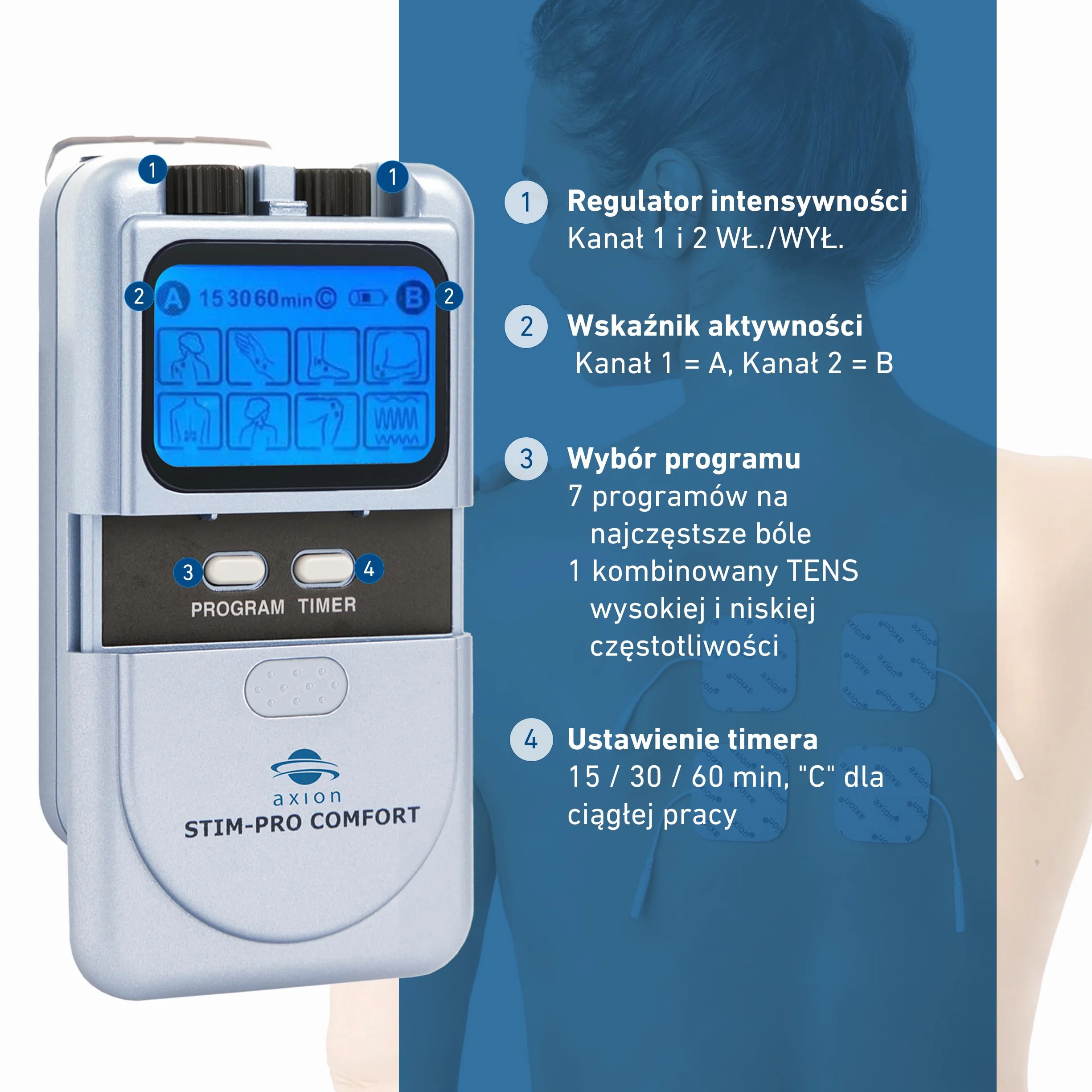 Elektrostymulator TENS STIM-PRO Comfort 2-kanałowy z 4 elektrodami żelowymi