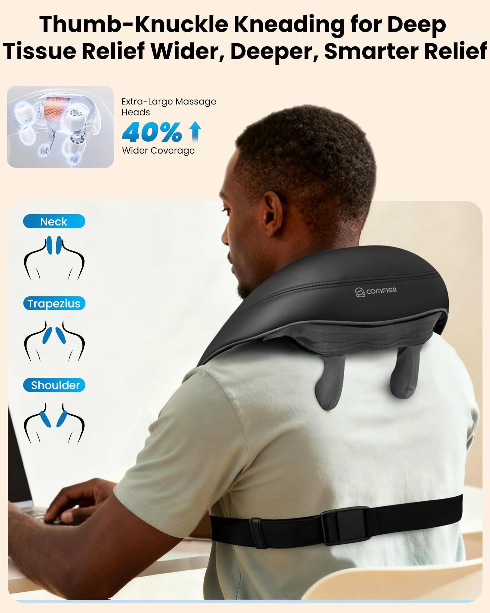 COMFIER Bezprzewodowy masażer Shiatsu 4D z ciepłem na kark, plecy, ramiona