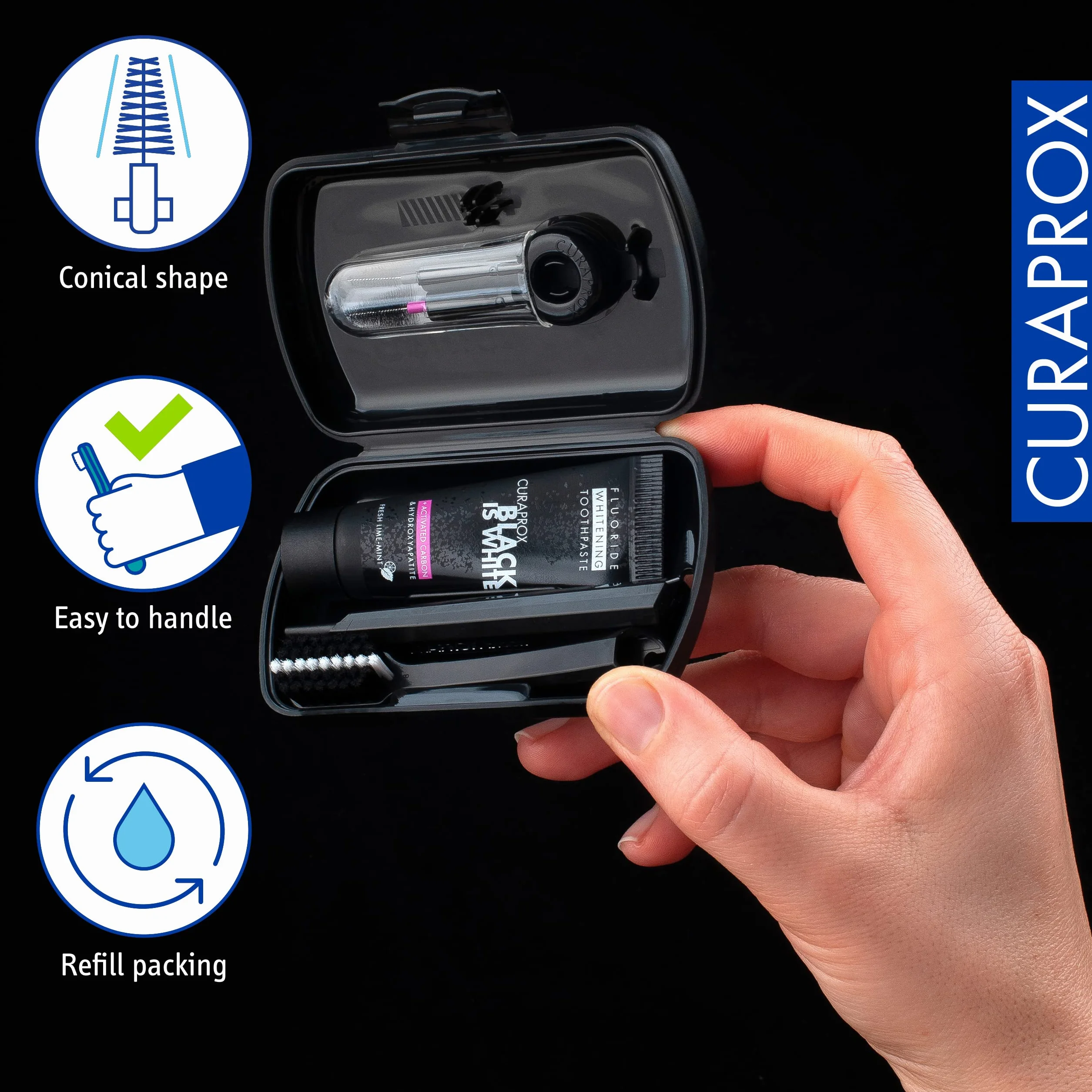 Curaprox travel toothbrush set – do wybielania zębów w podróży/Black is white edition/zawiera pastę do zębów, szczoteczkę do zębów i szczoteczki międzyzębowe/Made in Switzerland