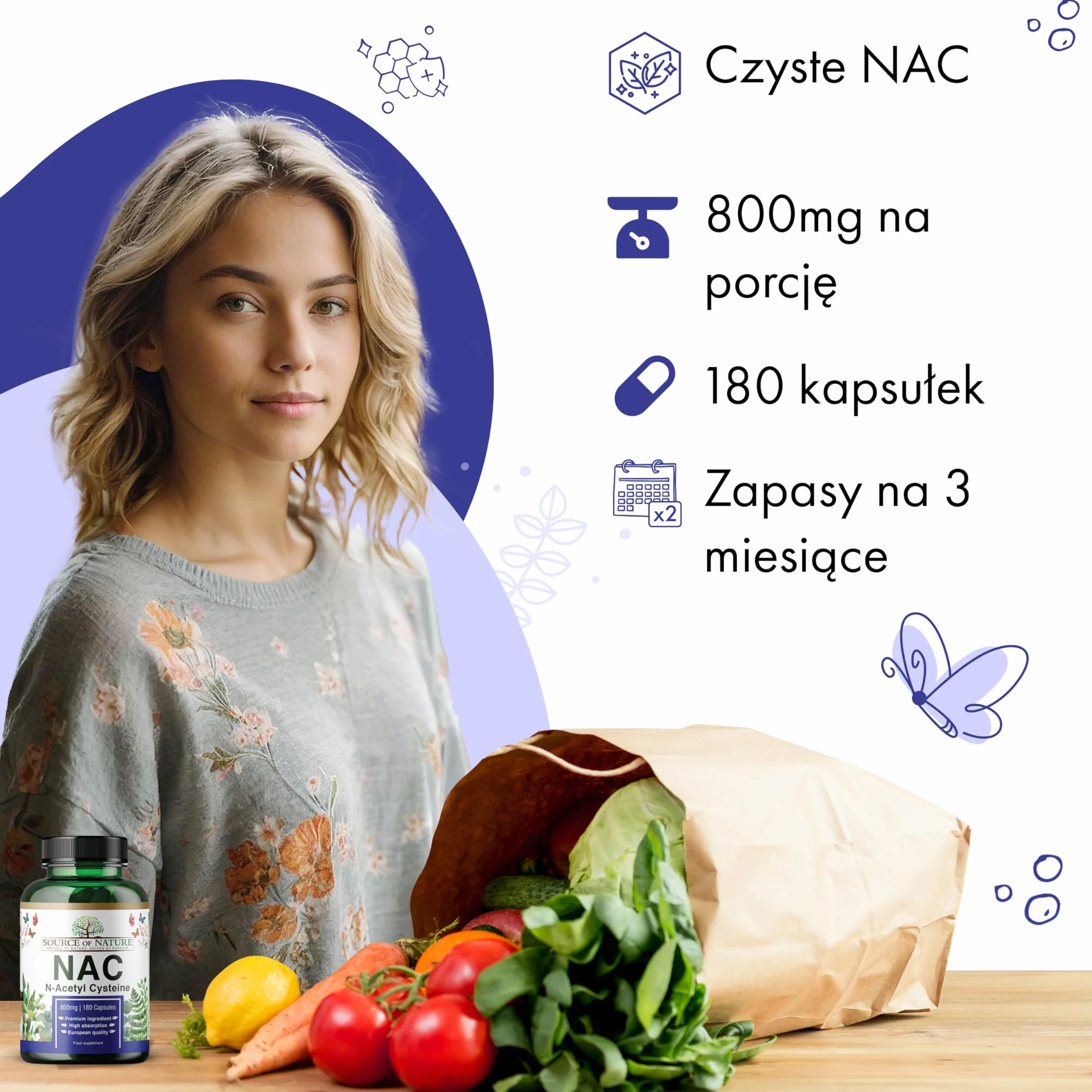 Source of Nature® | NAC | 800mg | 180 Kapsułek | N-acetylocysteina | Wegańska | Produkcja UE | Naturalna