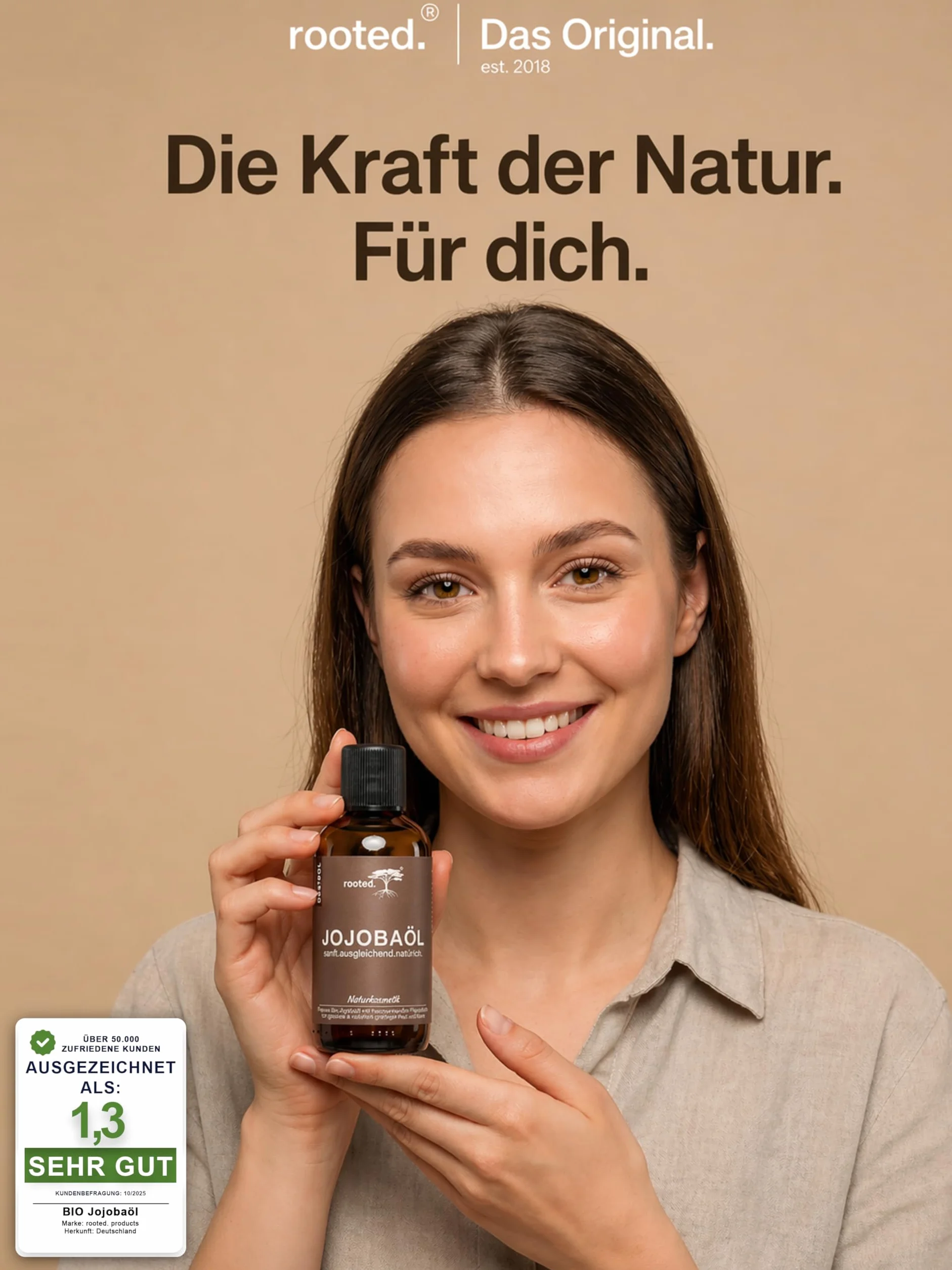 rooted.® Bio olejek jojoba 50 ml – 100% czysty, tłoczony na zimno olejek jojoba – olej nośny do olejków eterycznych – pielęgnacja skóry, twarzy, włosów, paznokci i brody – naturalny i bez dodatków