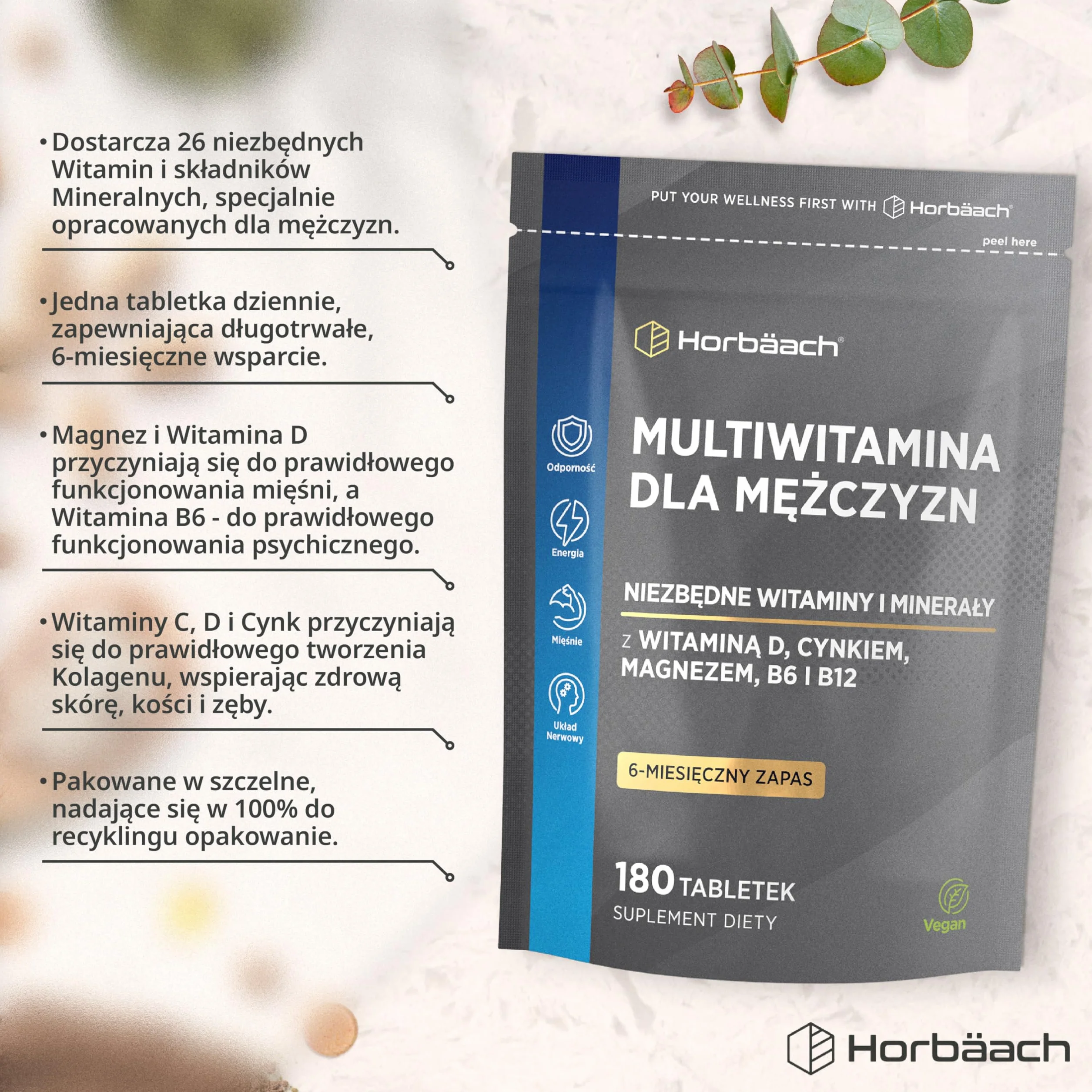 Multiwitamina dla Mężczyzn Tabletki | 26 Niezbędnych Składników Odżywczych | w Tym Cynk, Magnez, Witamina D3, B12 i Innymi | 180 Tabletek | Wegański Suplement | marki Horbaach