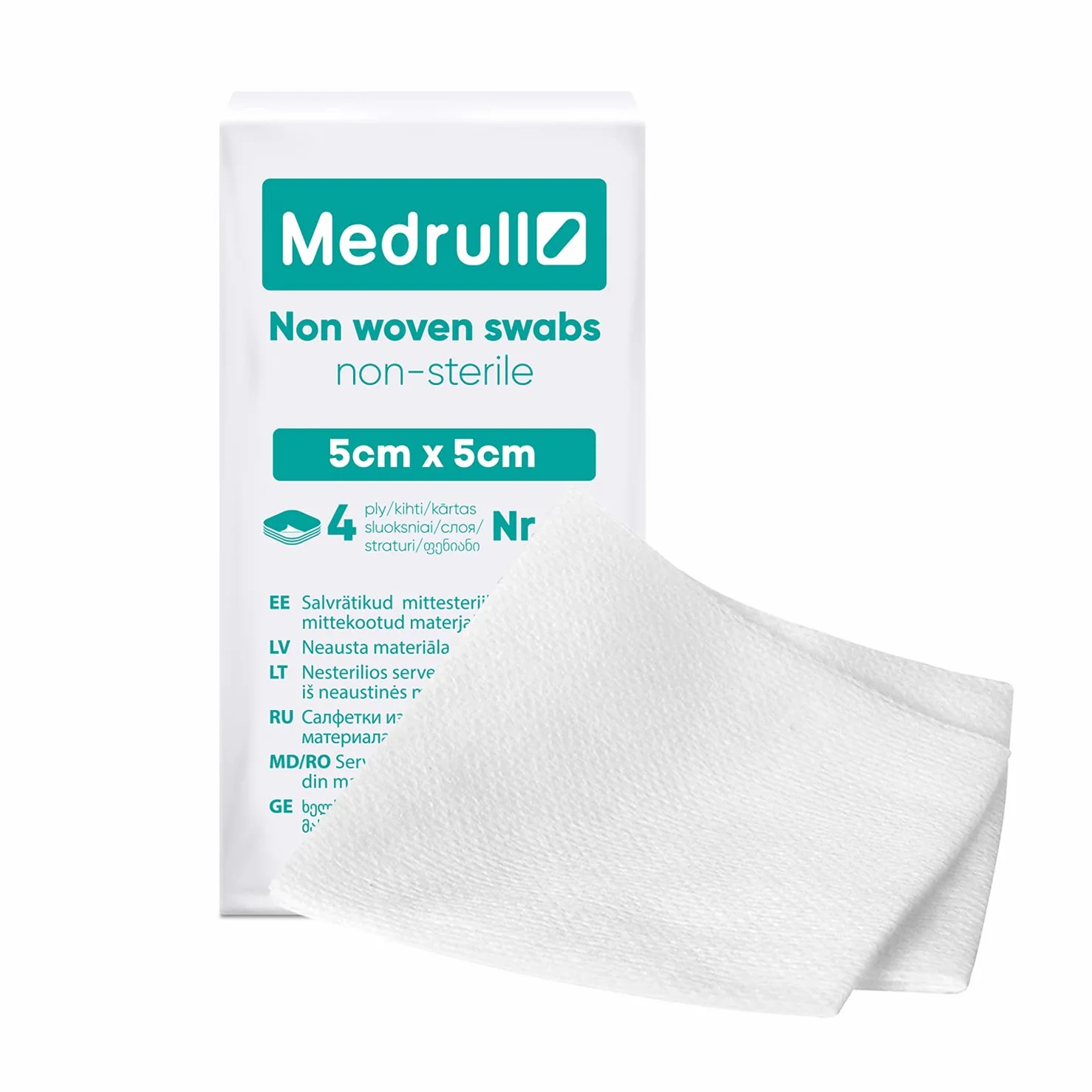 Medrull Kompresy 5 x 5 cm, nietkane, niesterylne, 100 sztuk – 4-warstwowe nieprzylepne kompresy ssące, materiał opatrunkowy, kompresy na rany, idealne do pierwszej pomocy i pielęgnacji