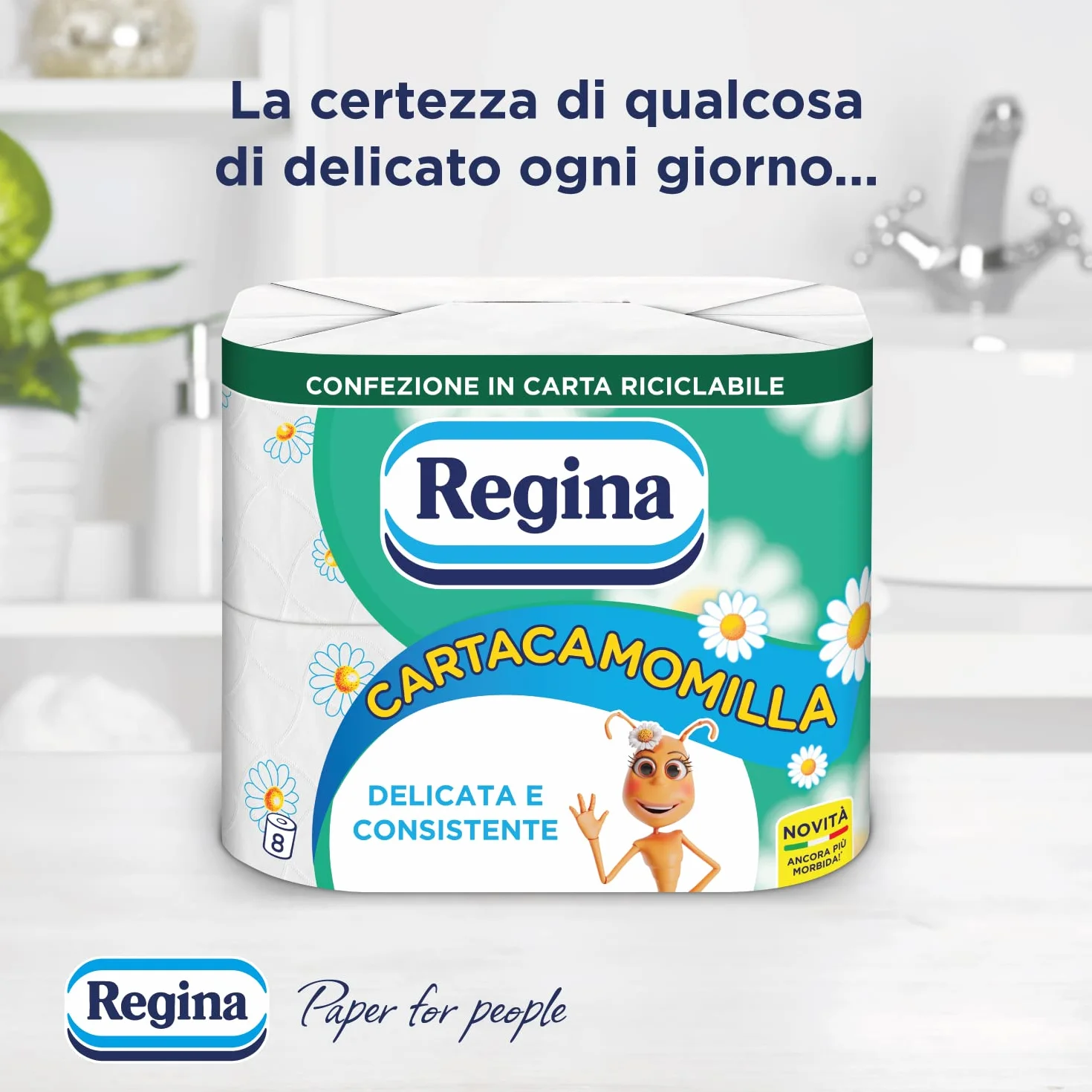 Regina Cartacamomilla 8 rolek papieru toaletowego, 300 puszystych liści, 3-warstwowe, delikatne i spójne, opakowanie z papieru nadającego się do recyklingu