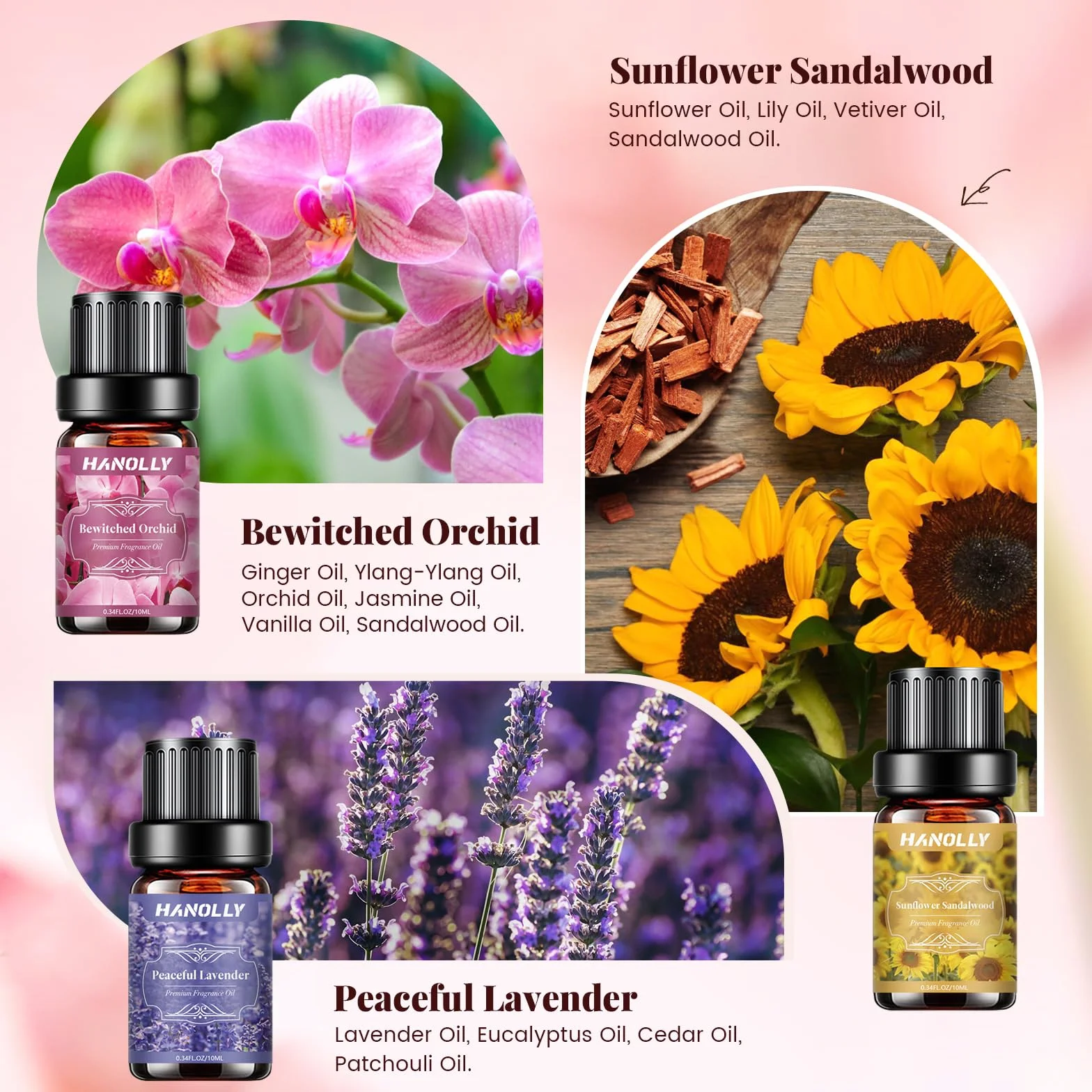 Hanolly 6 x 10 ml Zestaw Kwiatowych Olejków Eterycznych, Naturalne Olejki Zapachowe Do Dyfuzorów – Biała Lilia I Aloes, Różowa Piwonia, Dzika Róża, Słonecznik, Drzewo Sandałowe, Orchidea, Lawenda