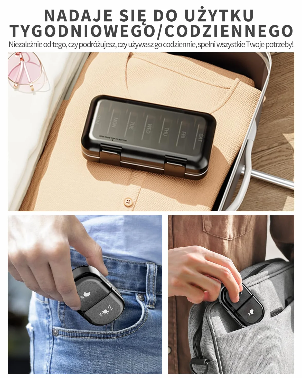 ONTERATE Tygodniowy Organizer na Tabletki 2 Razy Dziennie, AM PM Pudełko na Tabletki 7 Dni, Przenośne, Odporne na Wilgoć Etui na Tabletki 14 Przegródek, Podróżny Pojemnik na Tabletki (Czarny)