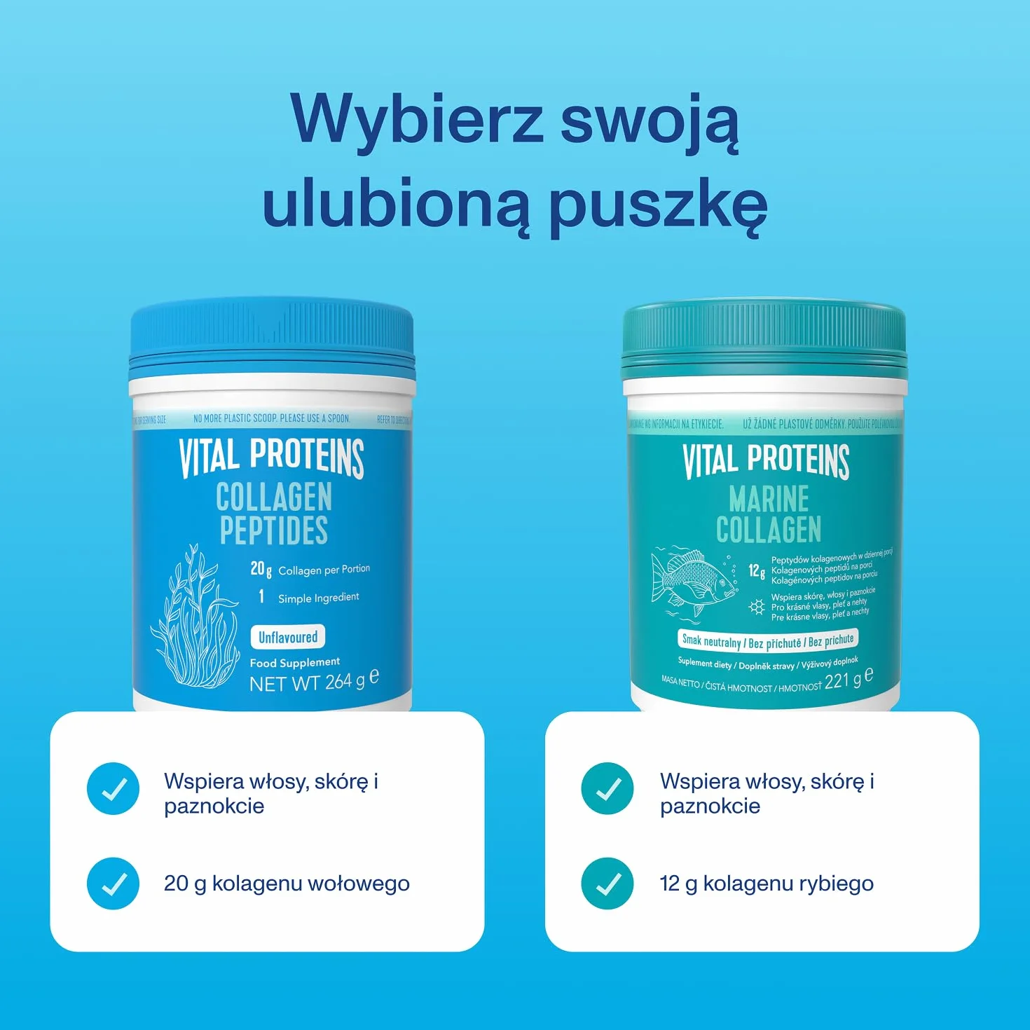 Suplement diety Vital Proteins Collagen Peptides w formie proszku, hydrolizowany kolagen o neutralnym smaku - wspiera skórę, włosy i paznokcie, bezglutenowy, 20g w porcji,1 opakowanie 264g