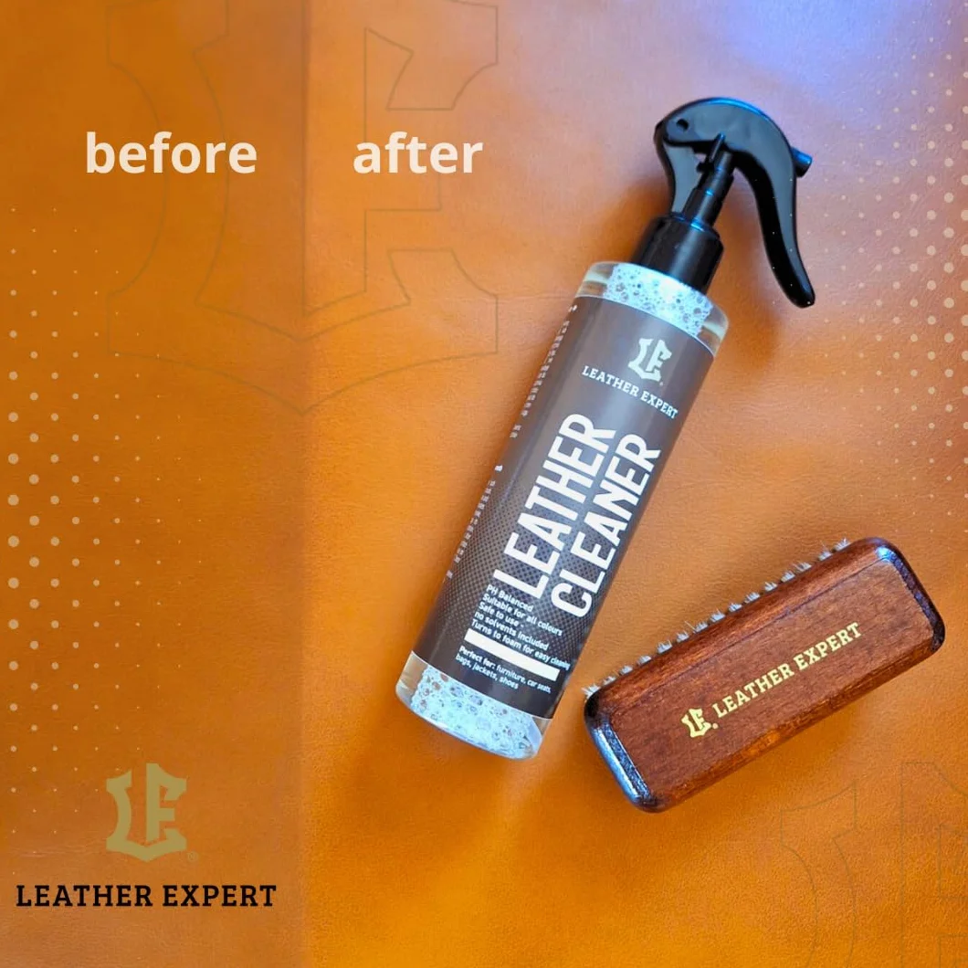 Leather Expert Leather Cleaner 250 ml + Leather Care 250 ml Zestaw do pielęgnacji mebli - Pielęgnacja imitacji skóry ze szczotką, gąbką i ściereczką z mikrofibry
