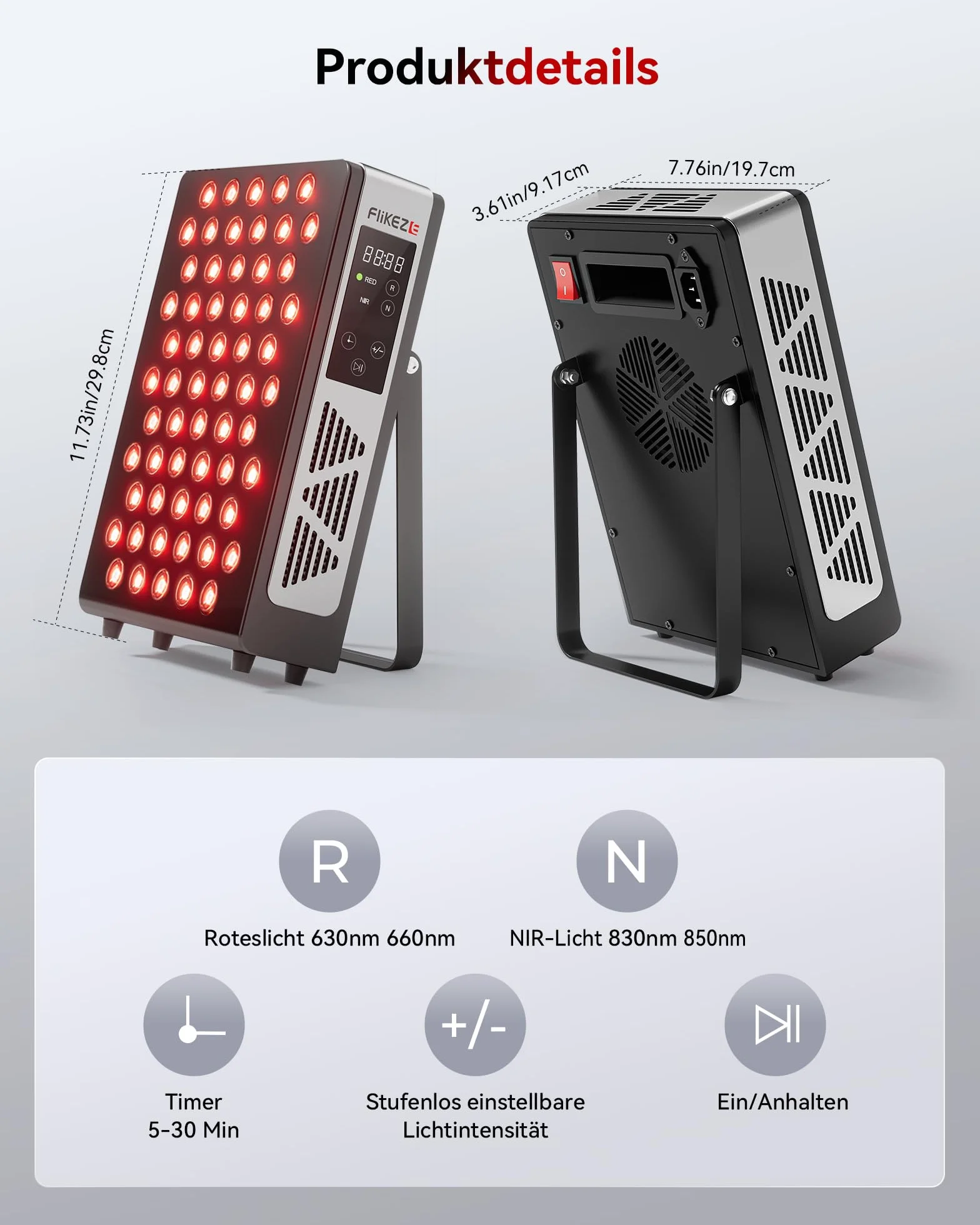 FliKEZE Czerwony Panel Świetlny, 60 Lampek, 4 Diody (630nm, 660nm, 830nm, 850nm), Lampa na Podczerwień z Timerem, 15 Regulowanych Intensywności dla Rodziny i Sportu (Model Pro)