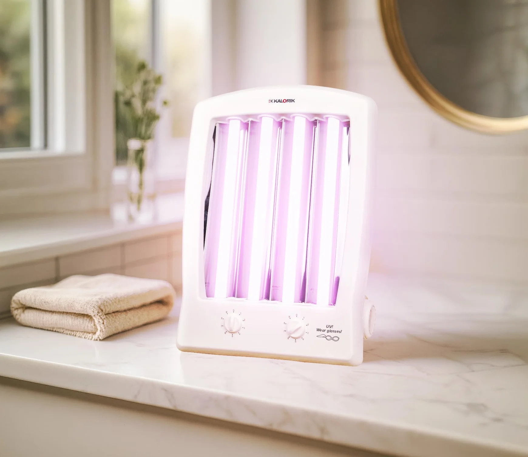 Kalorik GB1004R domowe solarium do opalania twarzy i dekoltu, 4 x 15 W, lampa do opalania kolagenu, pielęgnuje i regeneruje skórę, opalarka twarzy, w zestawie 2 x okulary przeciwsłoneczne