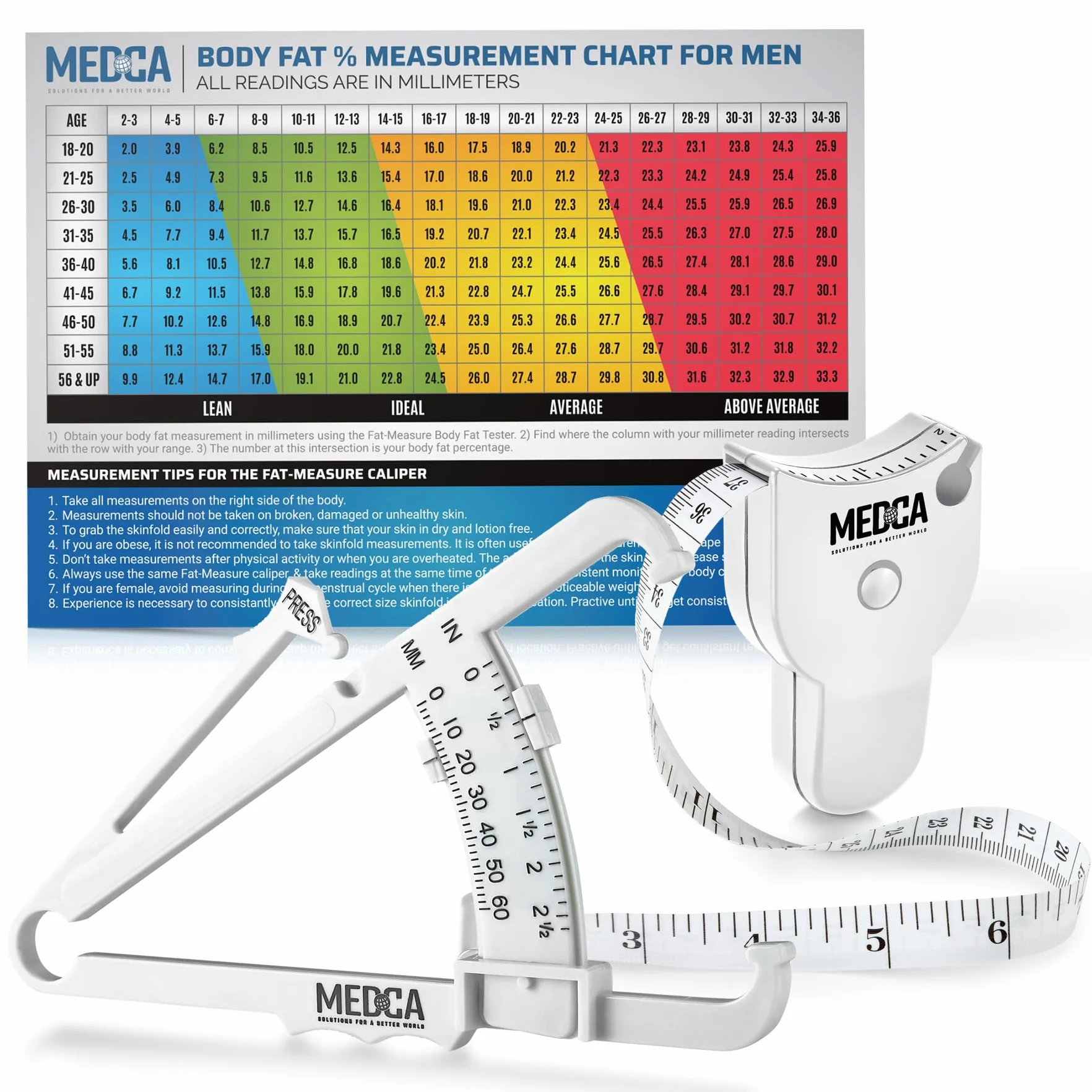 Body Fat Caliper and Measuring Tape for Accurately Measuring BMI Skin Fold Fitness (White)