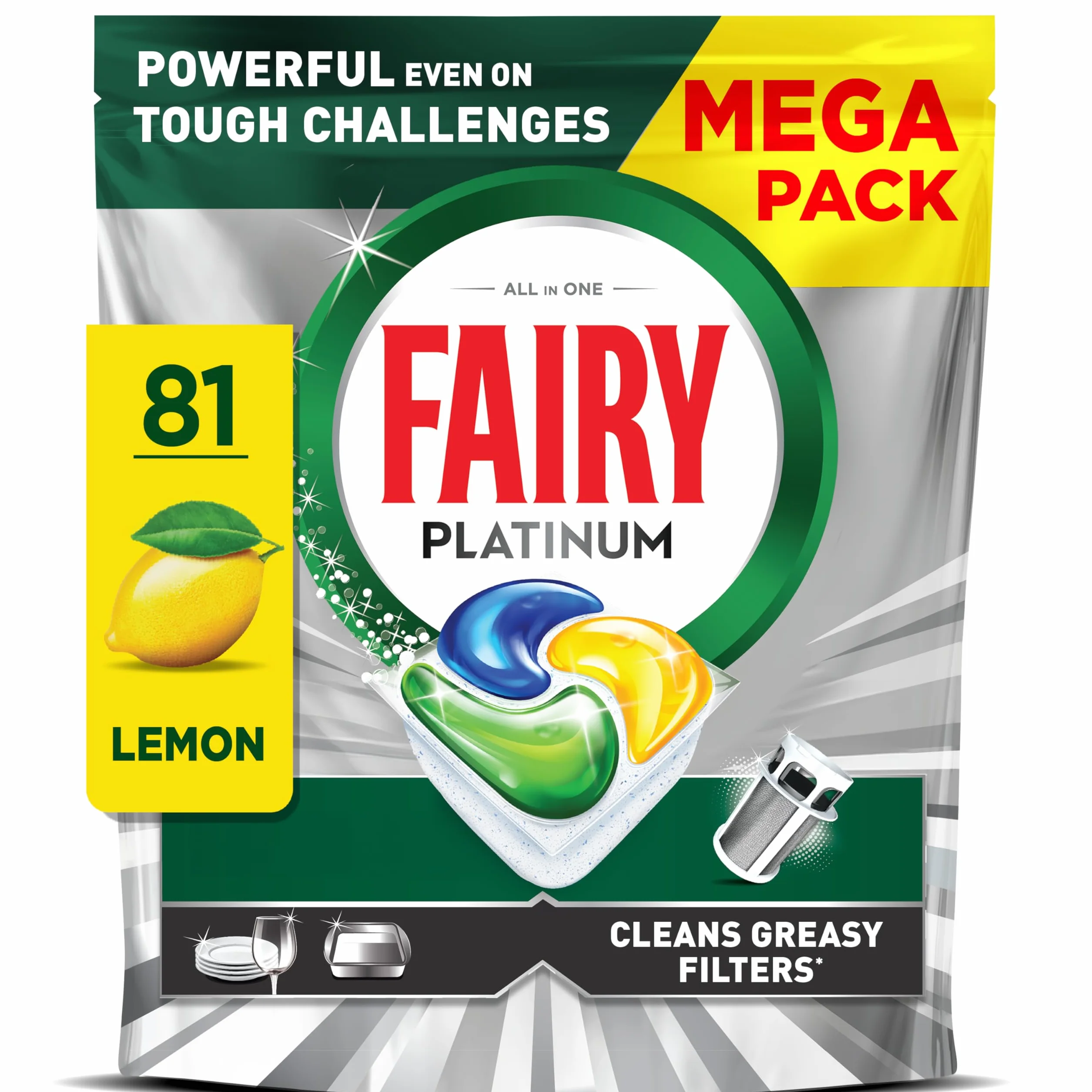 Fairy Platinum All In One, Kapsułki do zmywarki, Cytryna, 81 szt., Samorozpuszczalna folia, Z funkcją soli