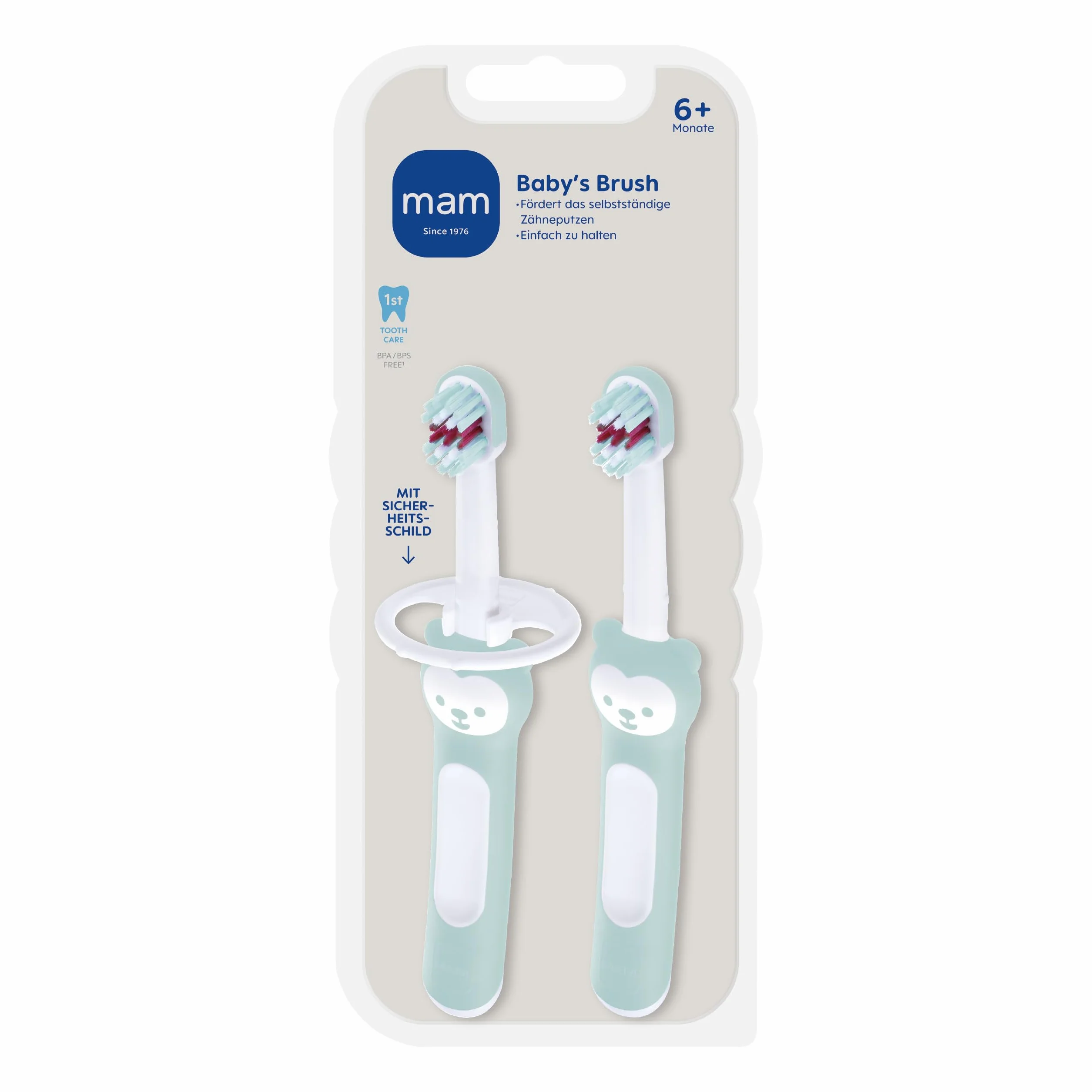MAM Baby's Brush w zestawie 2 szt. szczoteczka do zębów dla niemowląt z krótkim uchwytem do łatwego trzymania, szczoteczka do zębów dla dzieci do delikatnego czyszczenia zębów, od 6+ miesięcy,