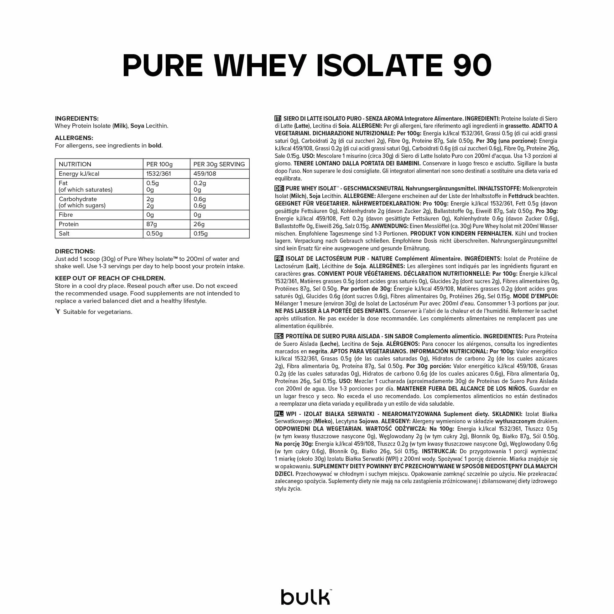 Bulk Izolat Białka Serwatkowego, Shake białkowy w proszku, Bez dodatków smakowych, 2.5kg, 83 porcji