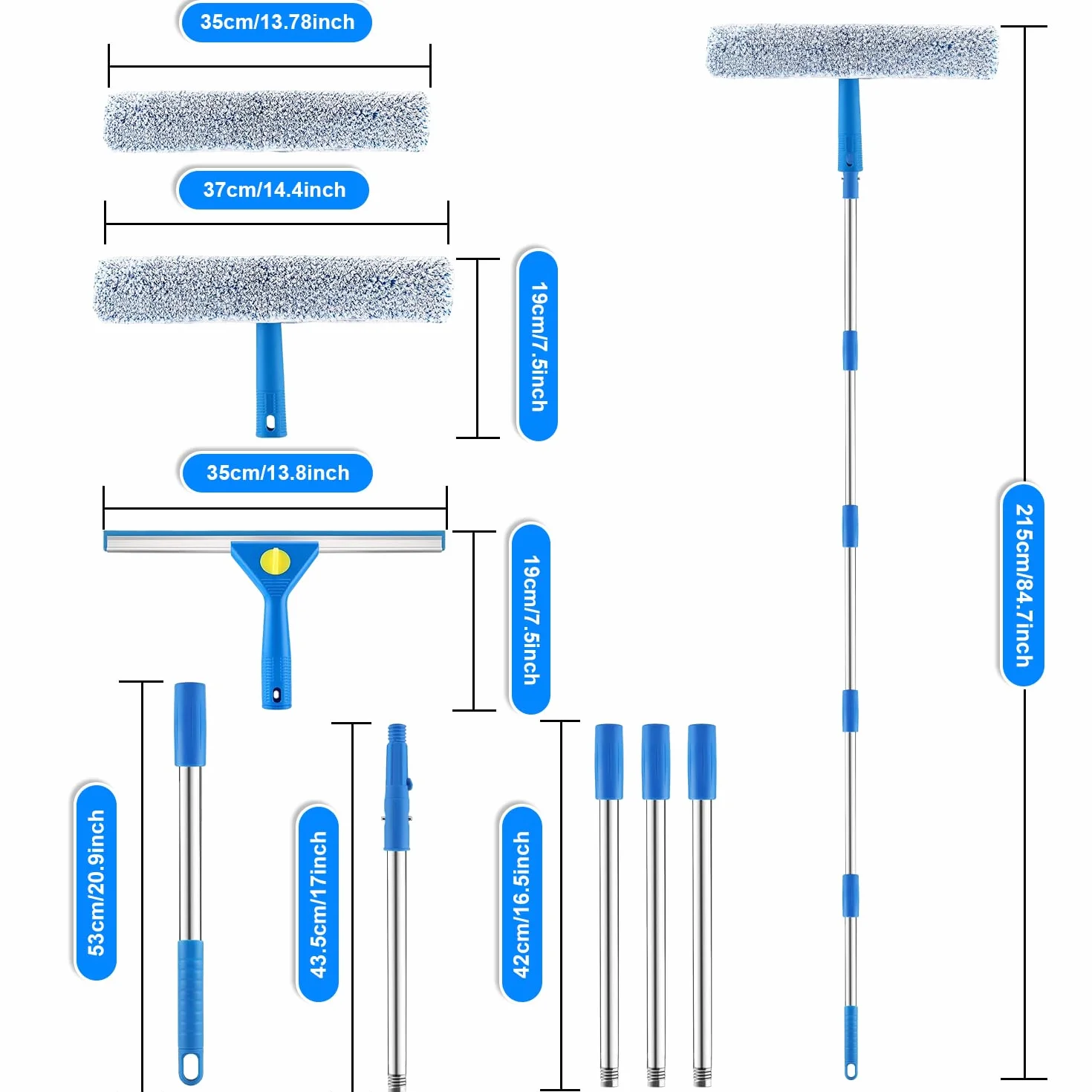 Profesjonalny Zestaw do Czyszczenia Okien z Długim Uchwytem (200cm) - (35cm) Silikonową Ściągaczka i Ściereczki do (37cm) Okien z Mikrofibry do Szklanych Drzwi Prysznicowych, Luster i Samochodów