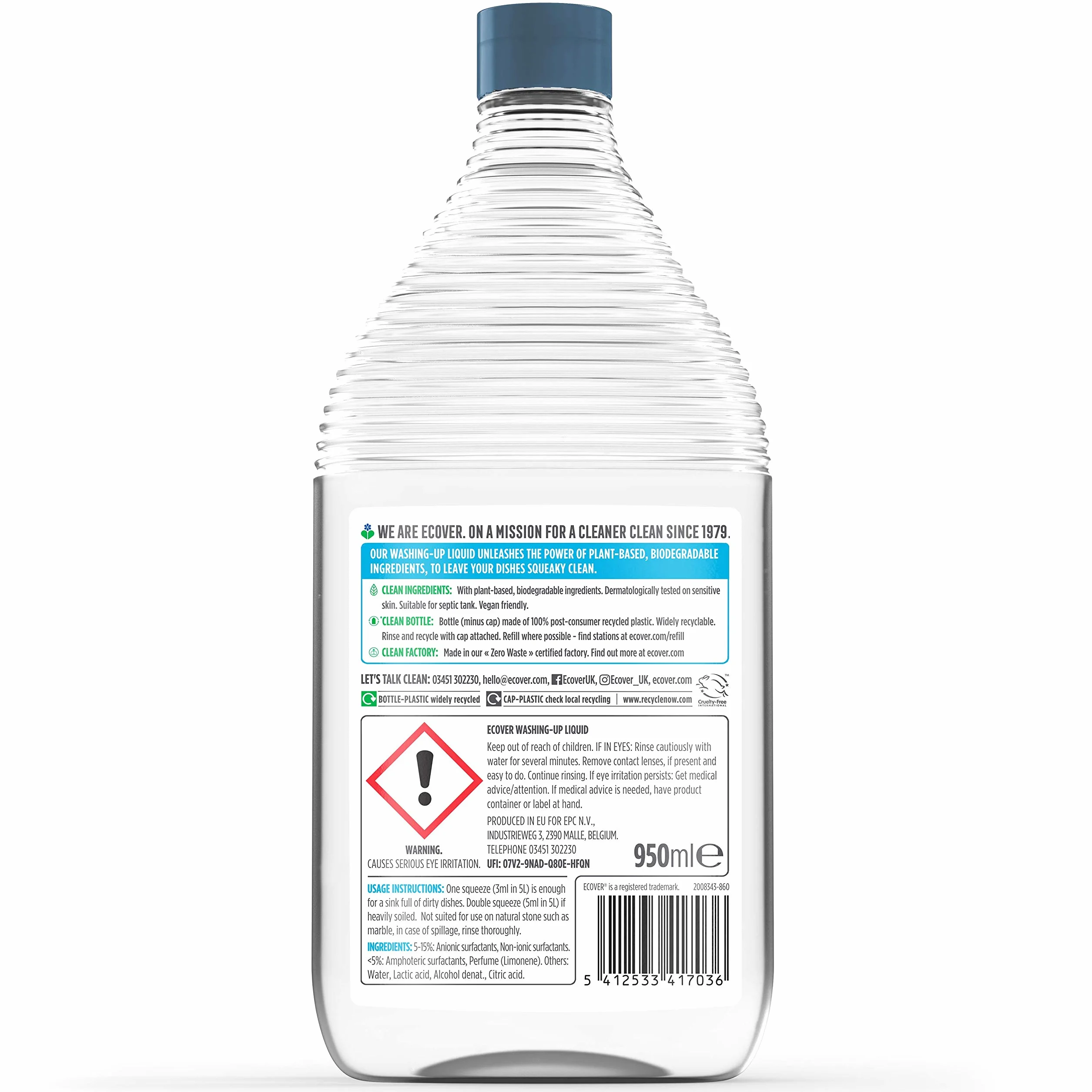 Ecover Płyn do mycia naczyń 950 ml, wytrzymały na tłuszcz i brud, zapach rumianku i klementyny