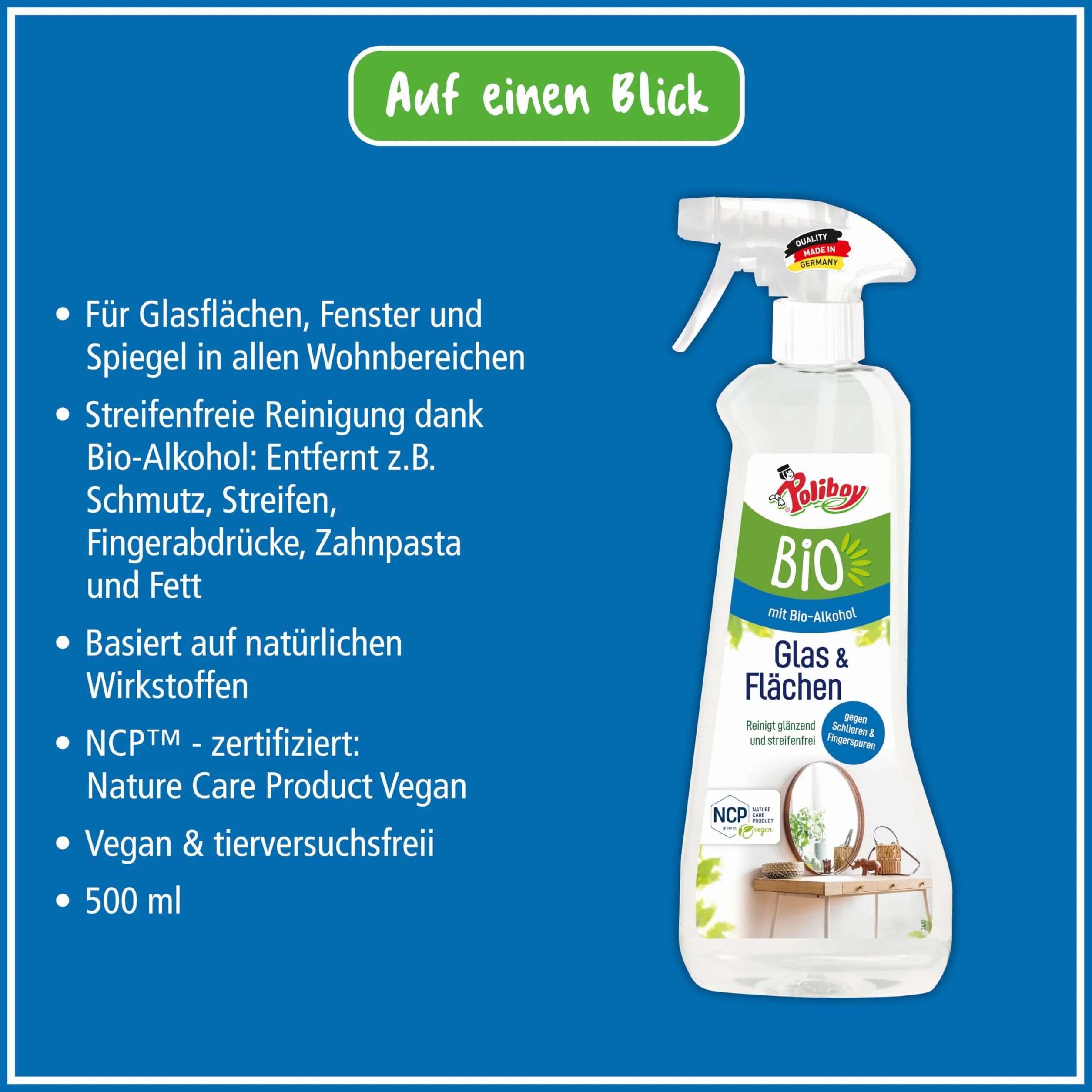 Poliboy Bio środek do czyszczenia szyb i powierzchni – do czyszczenia błyszczących powierzchni bez smug – wegański – butelka z rozpylaczem – 500 ml – Made in Germany