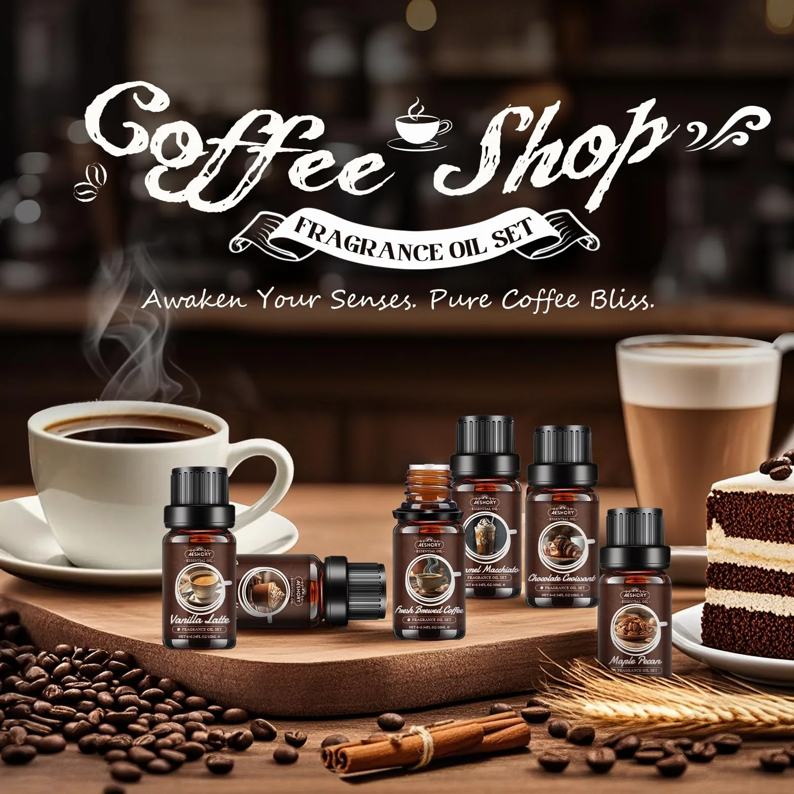 Aeshory Zestaw Olejków Eterycznych Do Kawy, 6 x 10 ml Olejków Do Dyfuzora Zapachowego, Olejki Zapachowe Do Wyrobu Świec – Świeżo Parzona Kawa, Waniliowe Latte, Karmelowe Macchiato, Cynamonowe Moch