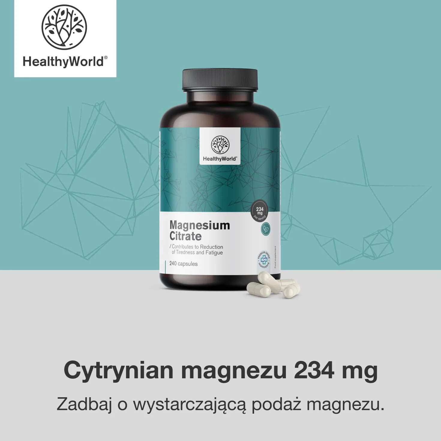 HealthyWorld Cytrynian magnezu 234 mg - 240 Kapsułek Roślinnych - Na ponad 7 Miesięcy - 480 mg Cytrynianu Magnezu i 270 mg Tlenku Magnezu - Na Wsparcie Mięśni i Wzrost Energii