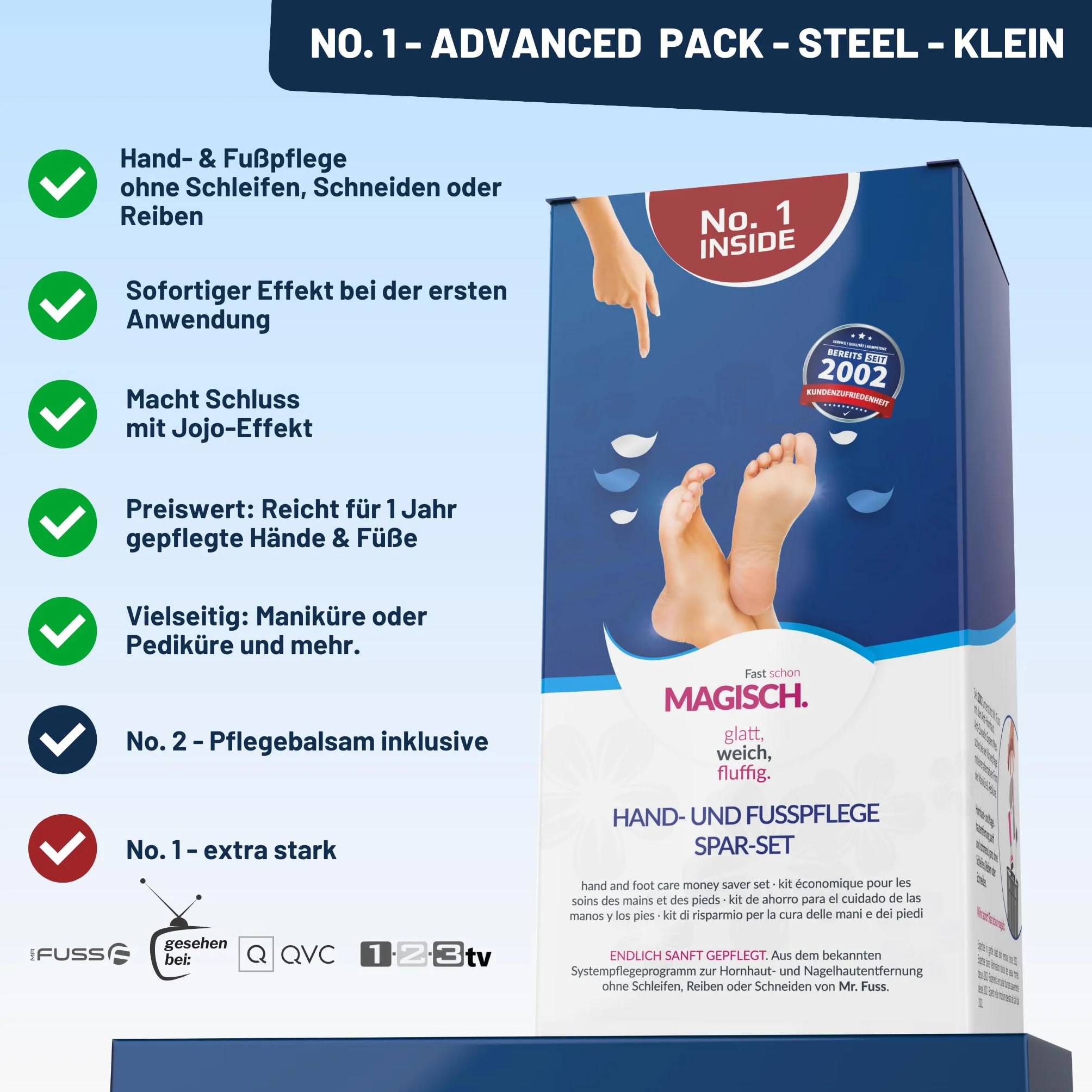 Mr. Fuss® No. 1 - Advanced Pack Steel - Mały, zestaw do usuwania skórek i zrogowaciałego naskórka, zestaw ekonomiczny 4-częściowy aktywny roztwór szybko i mocno zmiękczający - 200 ml, balsam nr 2-100