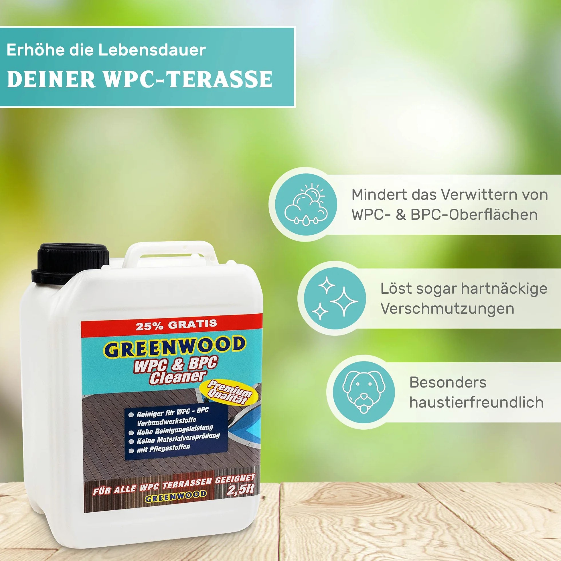 Greenwood WPC & BPC środek czyszczący do czyszczenia desek tarasowych, koncentrat do czyszczenia i pielęgnacji desek tarasowych, neutralne pH, 1 l/2,5 l (2,5 l)